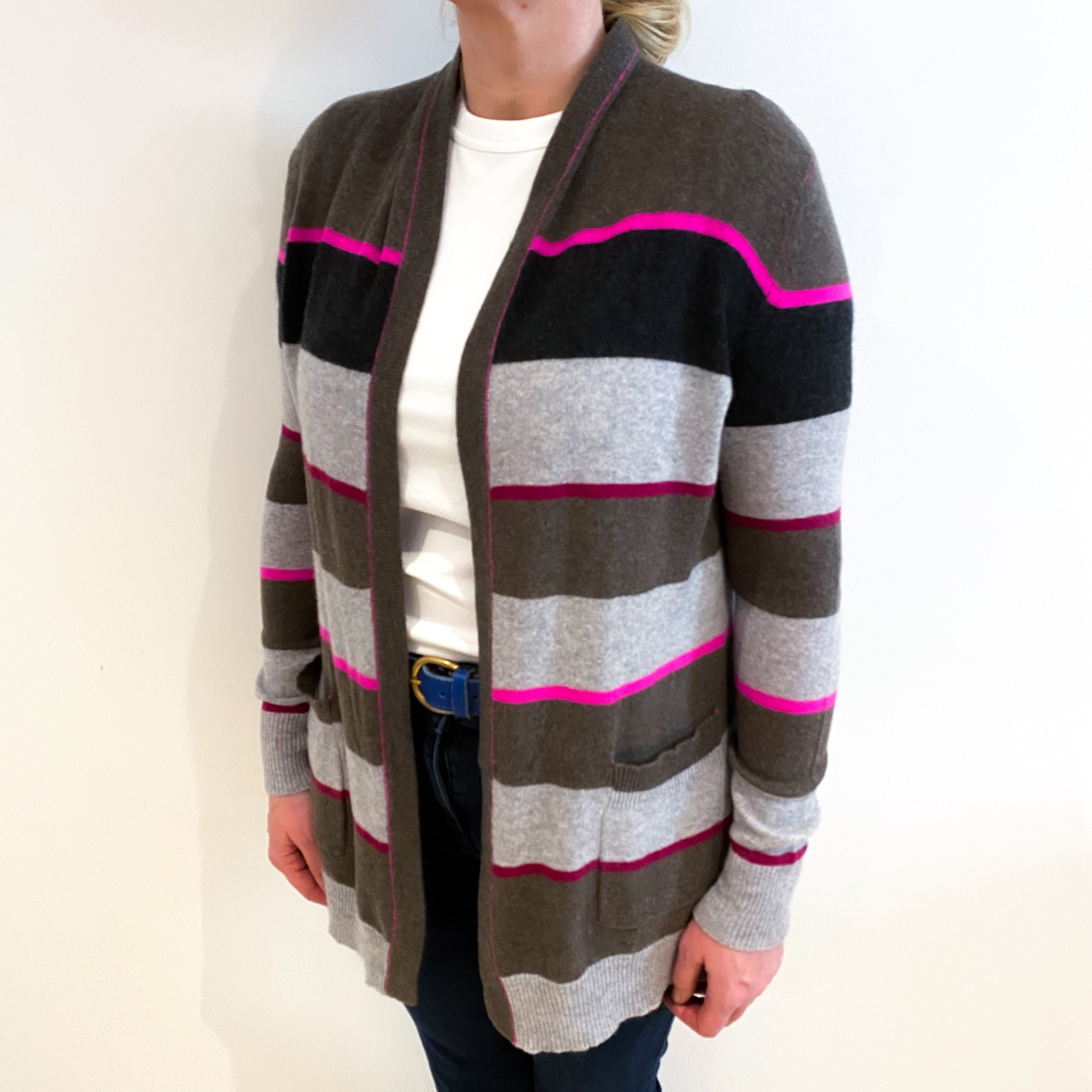 Mocha Pink Stripe Cashmere Edge To Edge  Cardigan Large