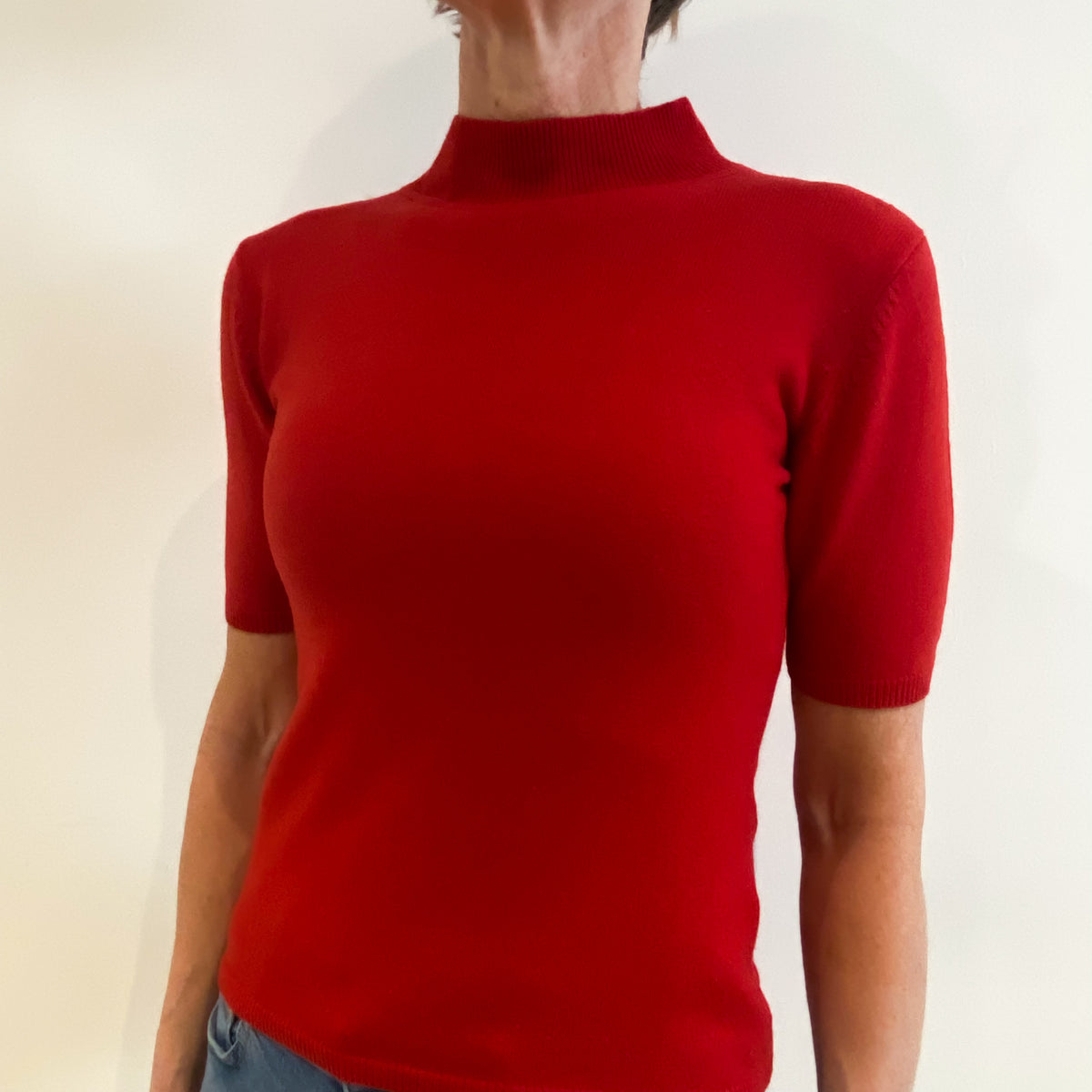 Post Box Red Cashmere Short Sleeved Turtle Neck Jumper Small