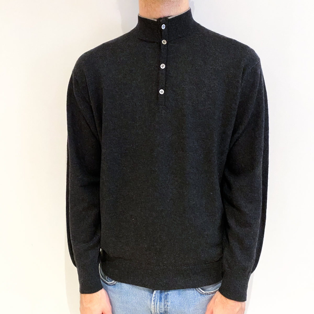 Men's Charcoal Grey Cashmere 3/4 Button Up Turtle Neck Jumper Large