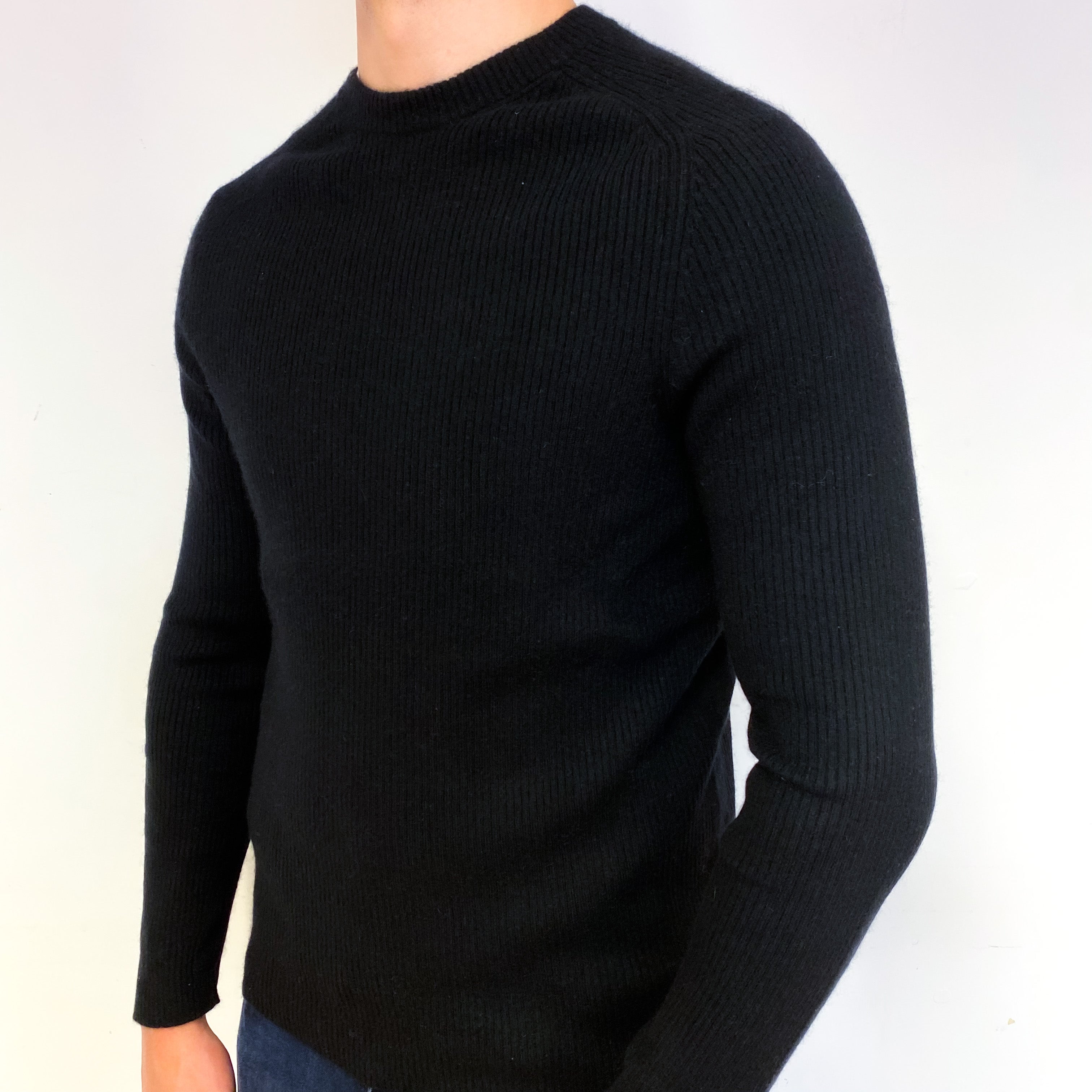 Men's Black Skinny Rib Cashmere Crew Neck Jumper Extra Large