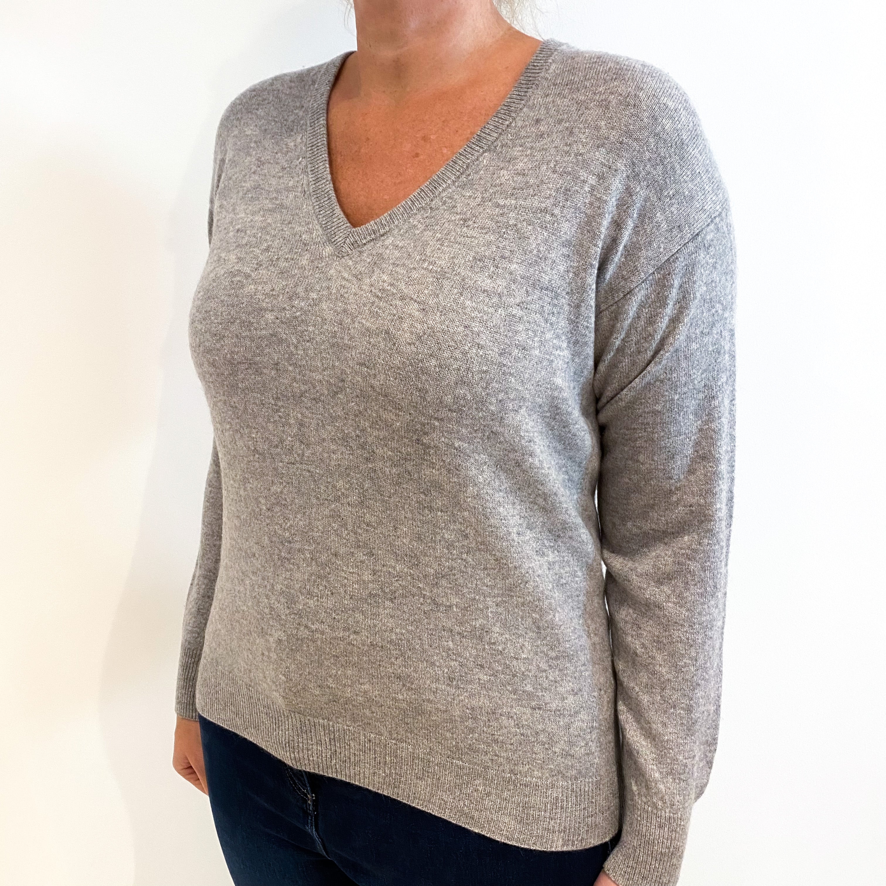 Smoke Grey Cashmere V-Neck Jumper Large