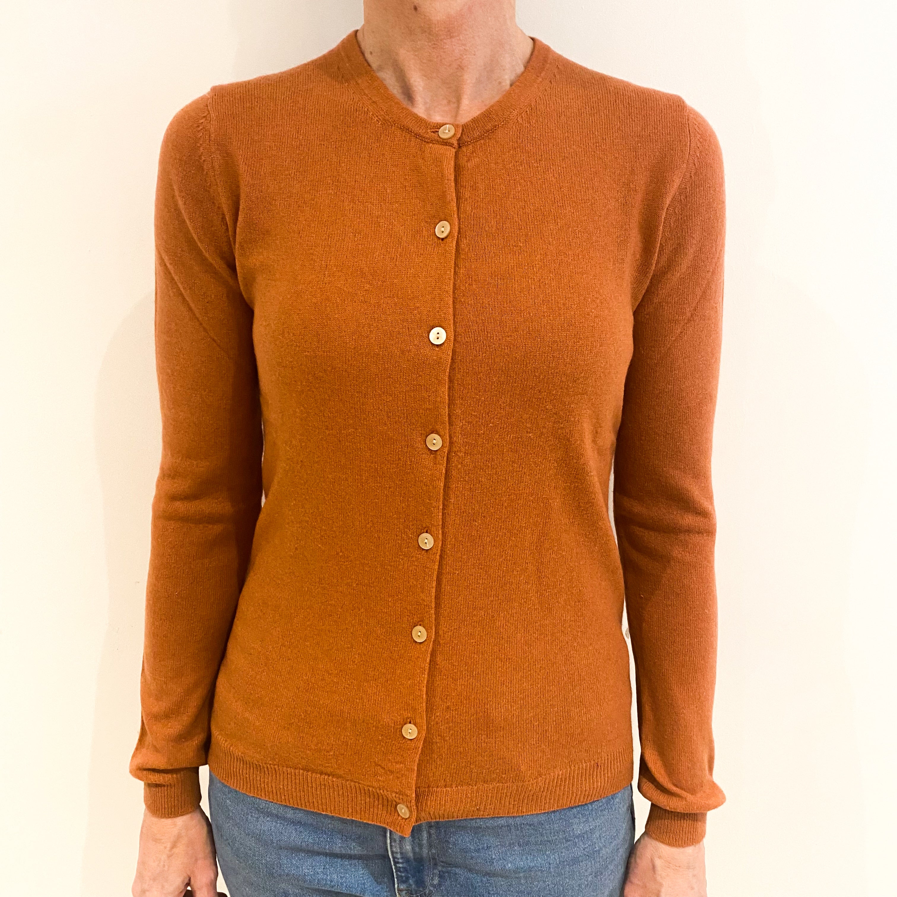 Deep Peach Pink Cashmere Crew Neck Cardigan Small