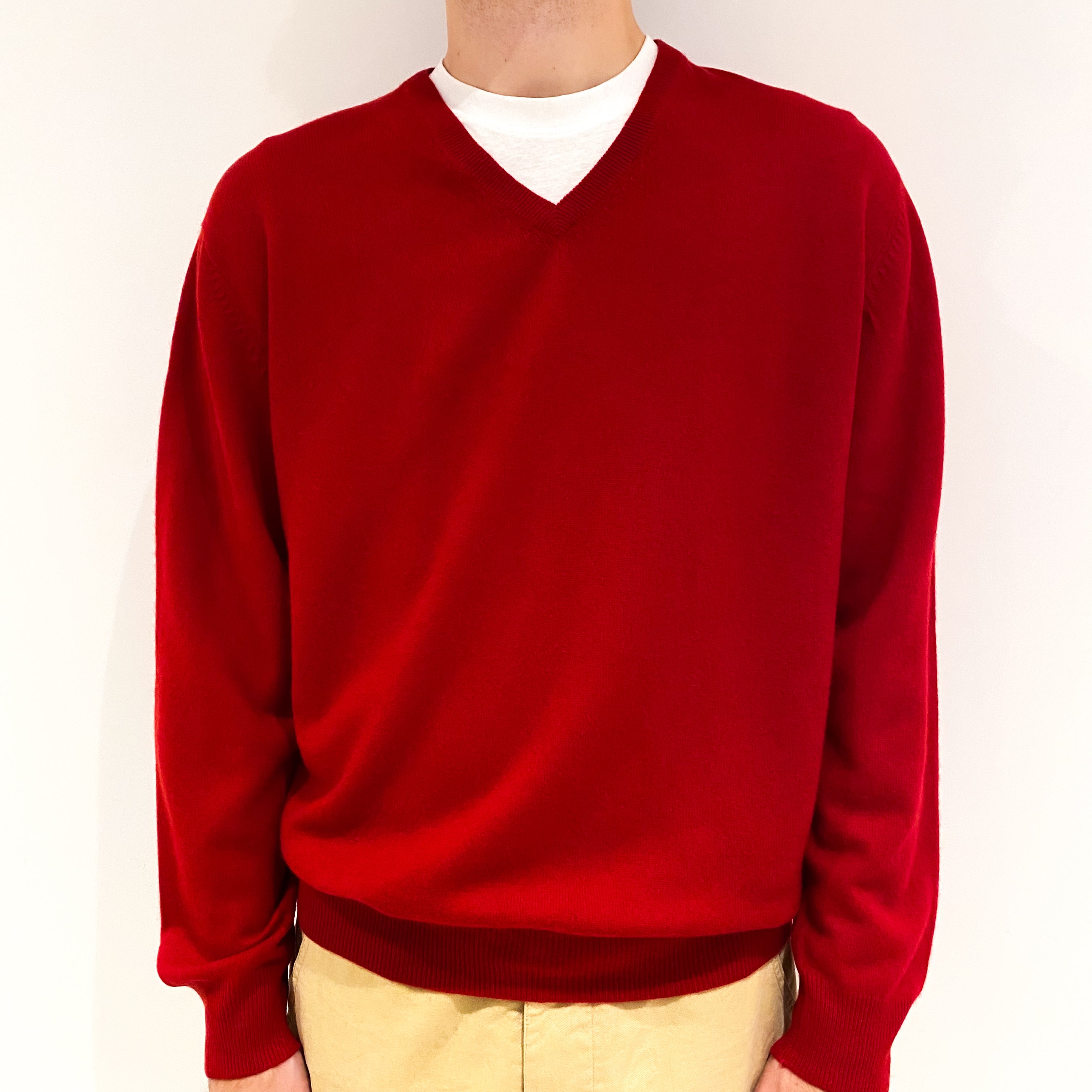 Men's Post Box Red Cashmere V-Neck Jumper Large