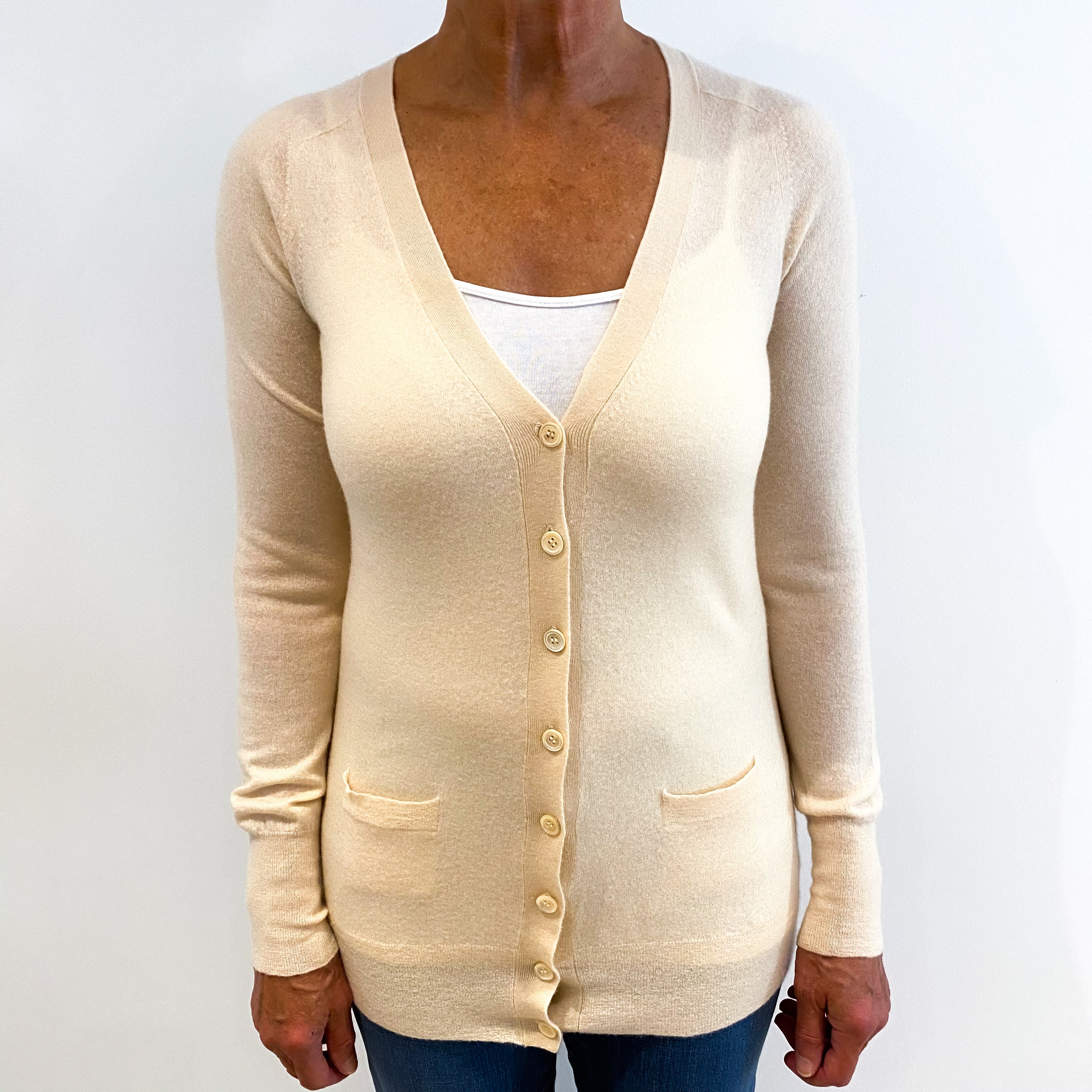 Pale Pink Cream Cashmere V-Neck Cardigan Medium
