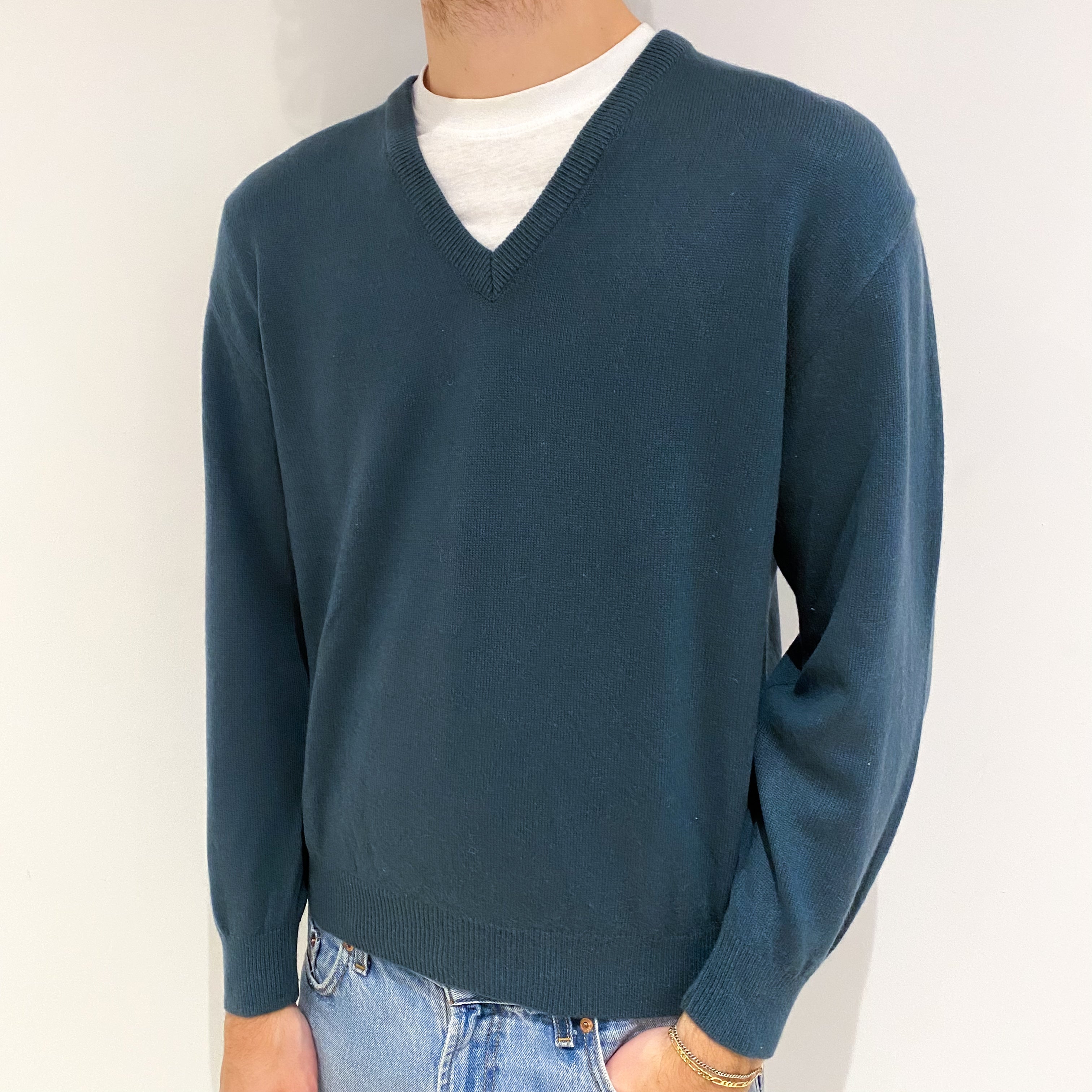 Men's Teal Green Cashmere V Neck Jumper Medium
