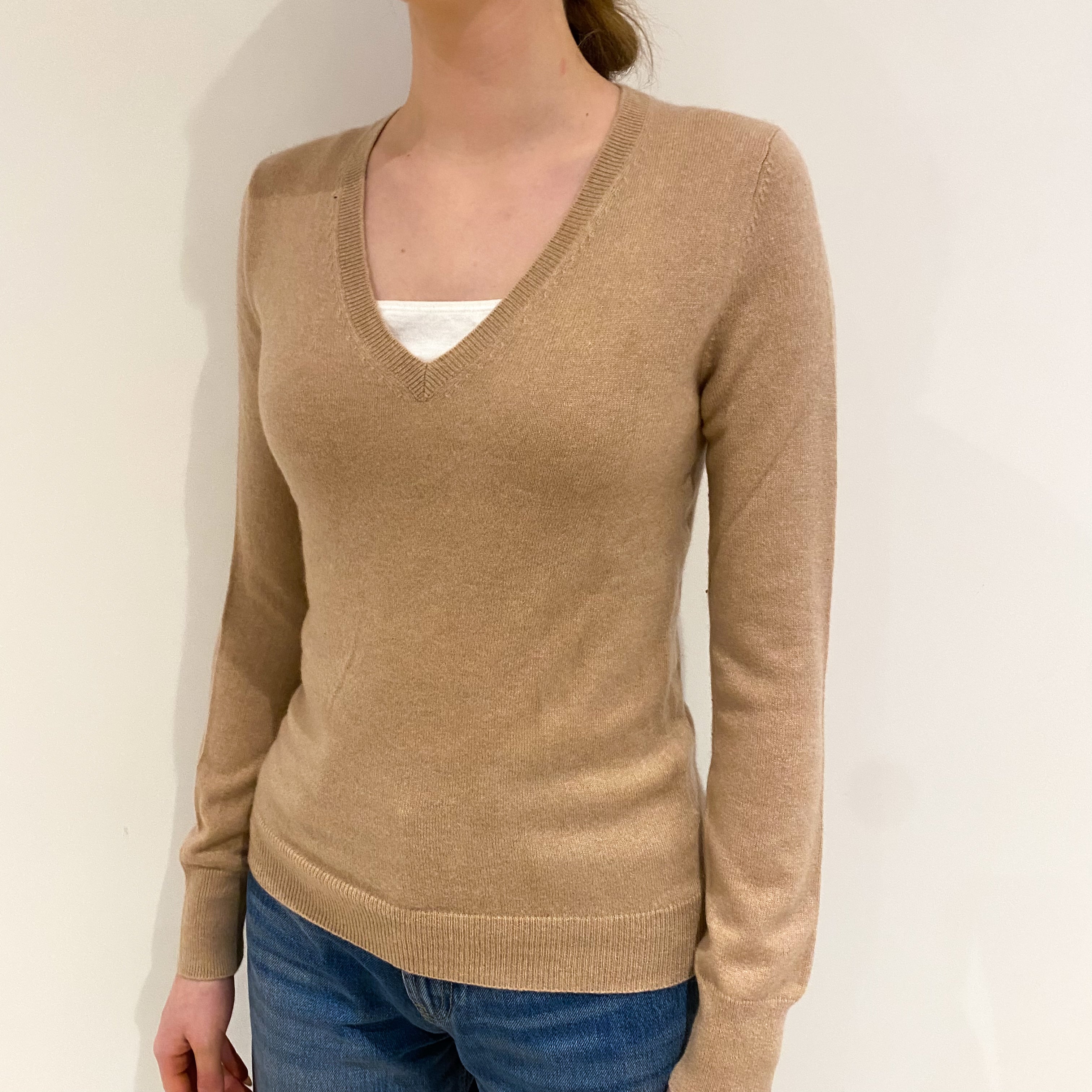 Fudge Brown Cashmere V Neck Jumper Extra Small