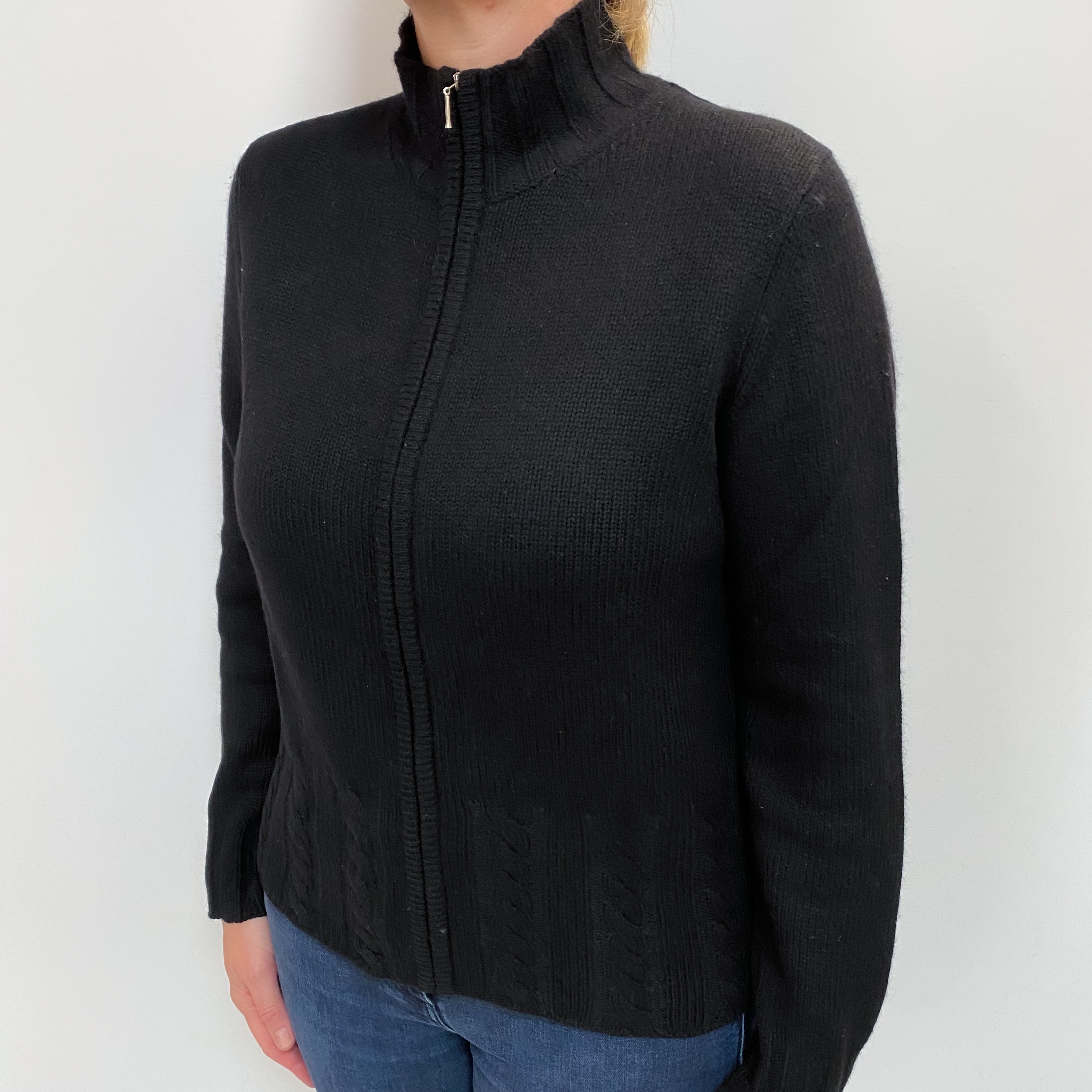 Black Chunky Cashmere Zip Up Cardigan Large