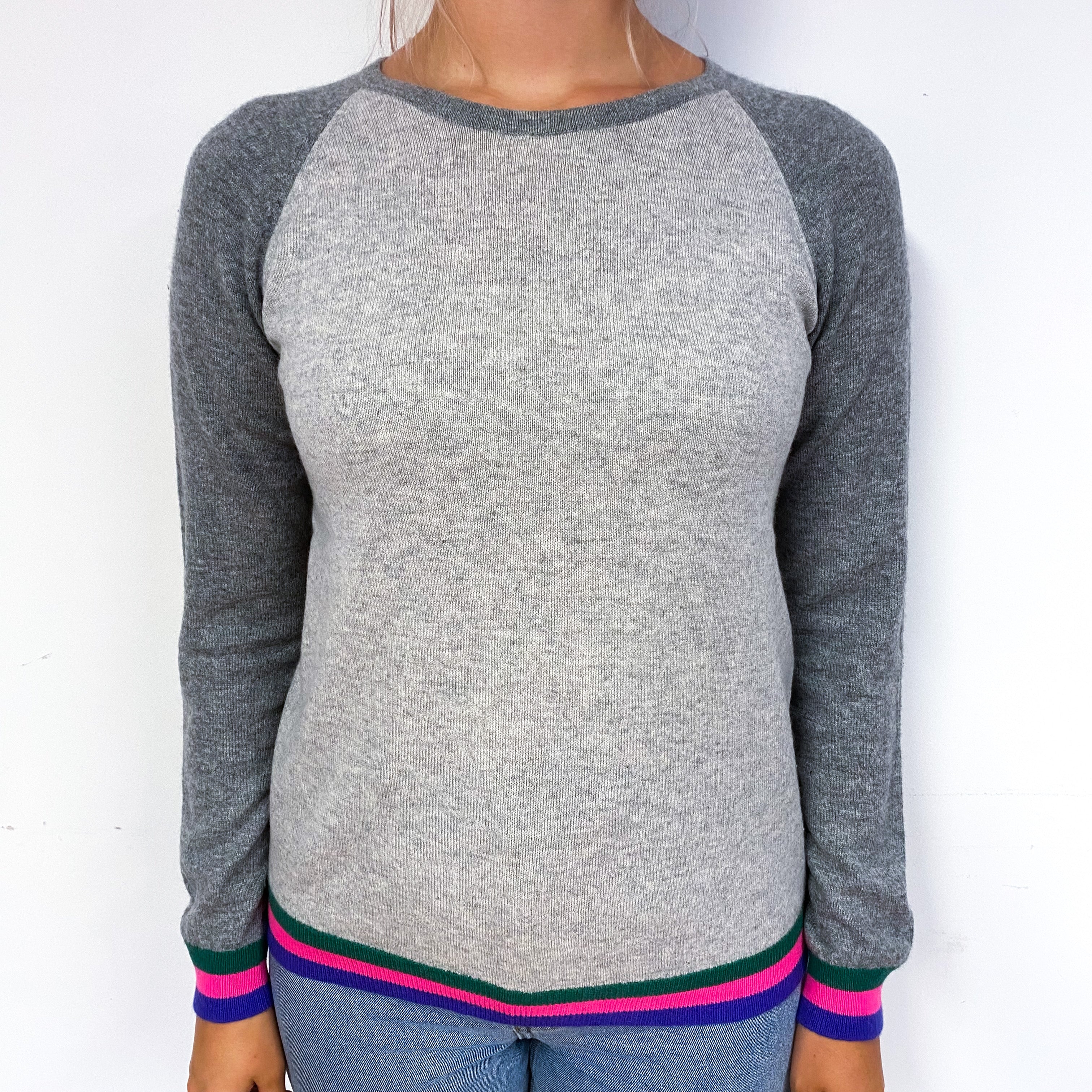 Grey Colourful Trim Cashmere Crew Neck Jumper Small