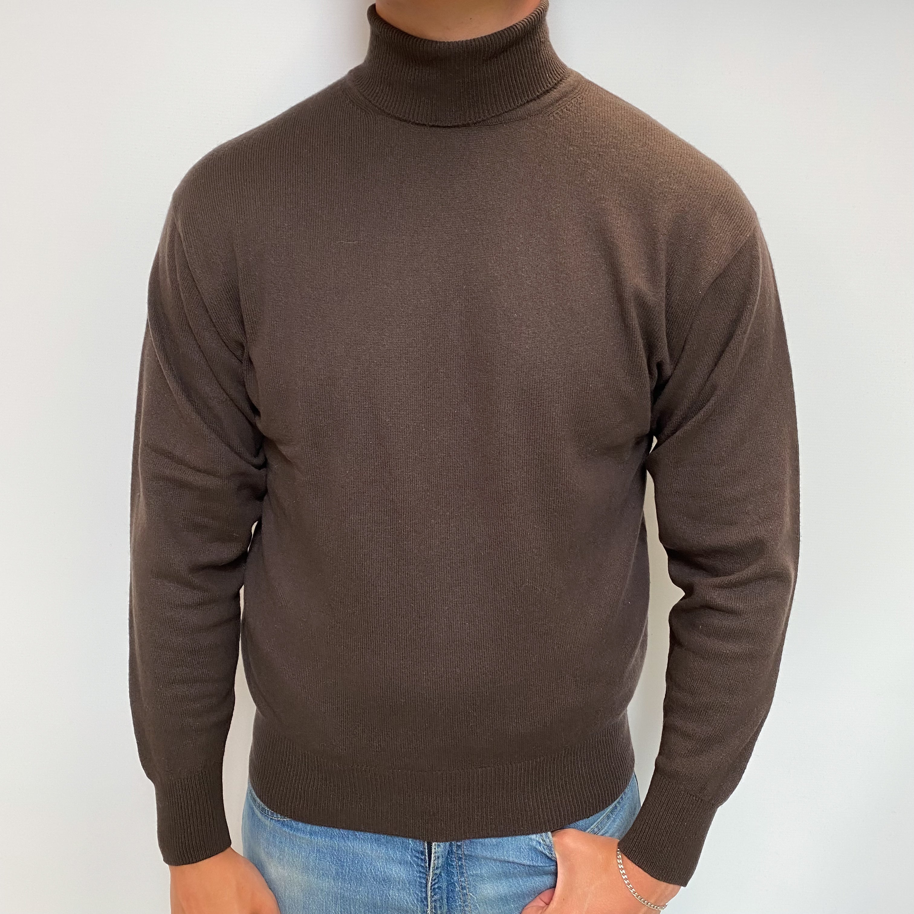Men's Chocolate Brown Cashmere Polo Neck Jumper XL