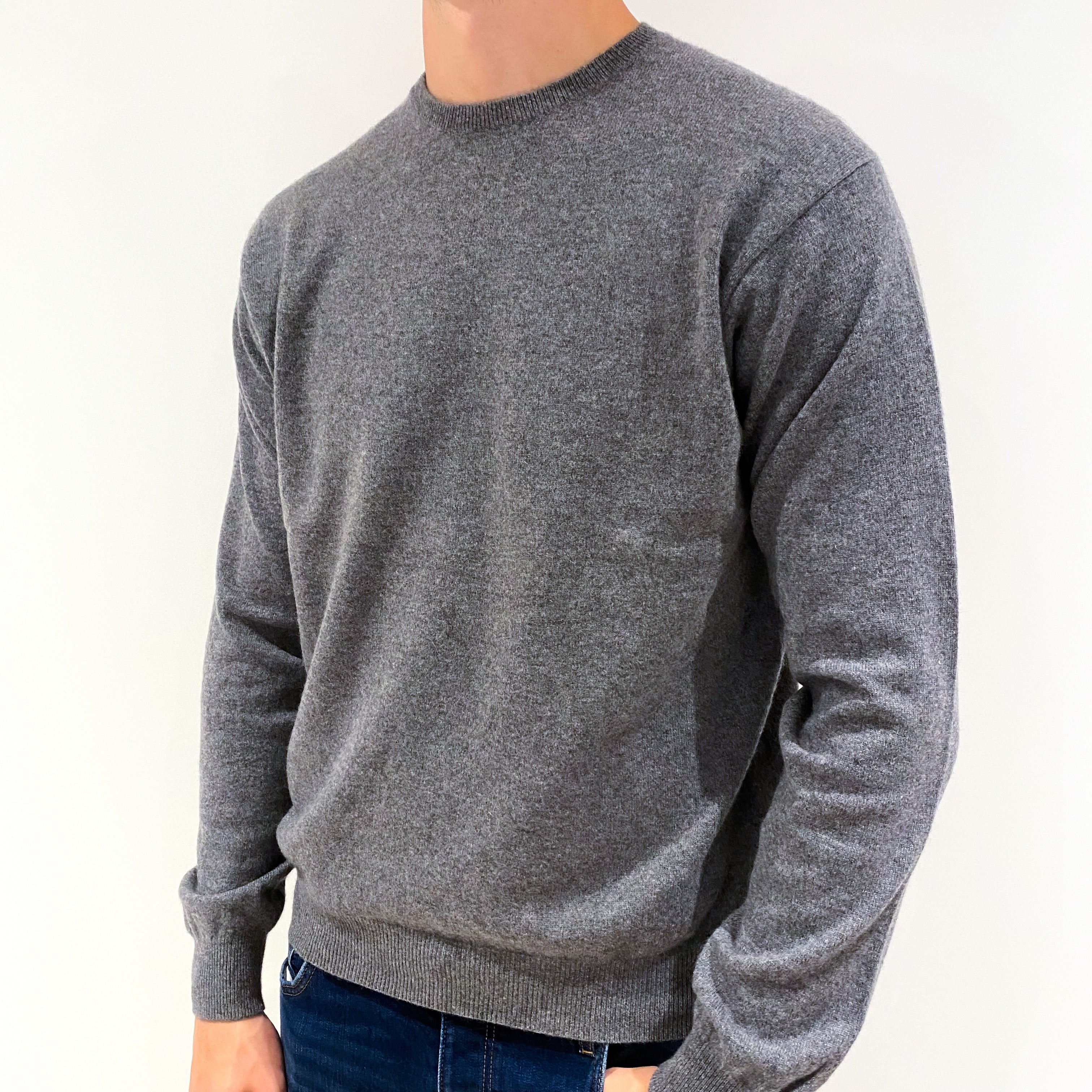 Men's Ash Grey Cashmere Crew Neck Jumper Extra Large
