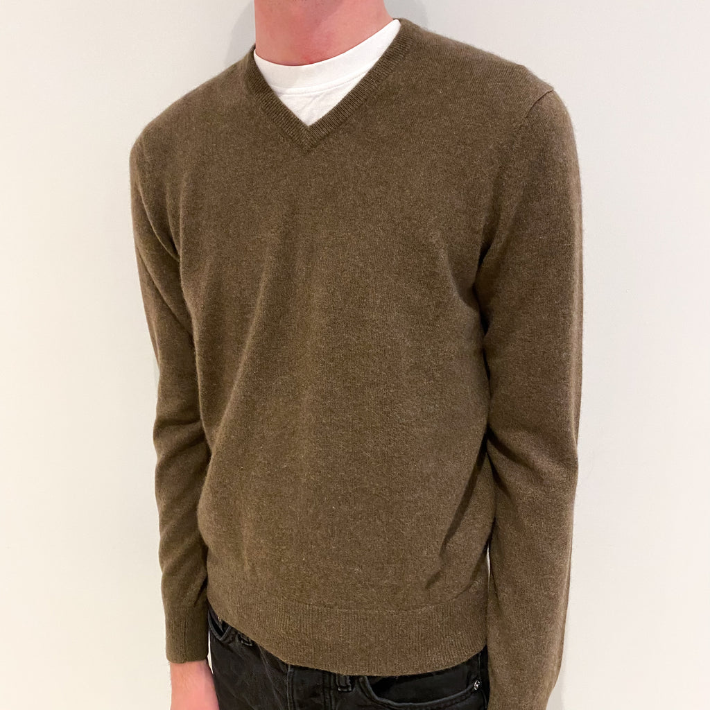 Men's Pecan Brown Cashmere V-Neck Jumper Small