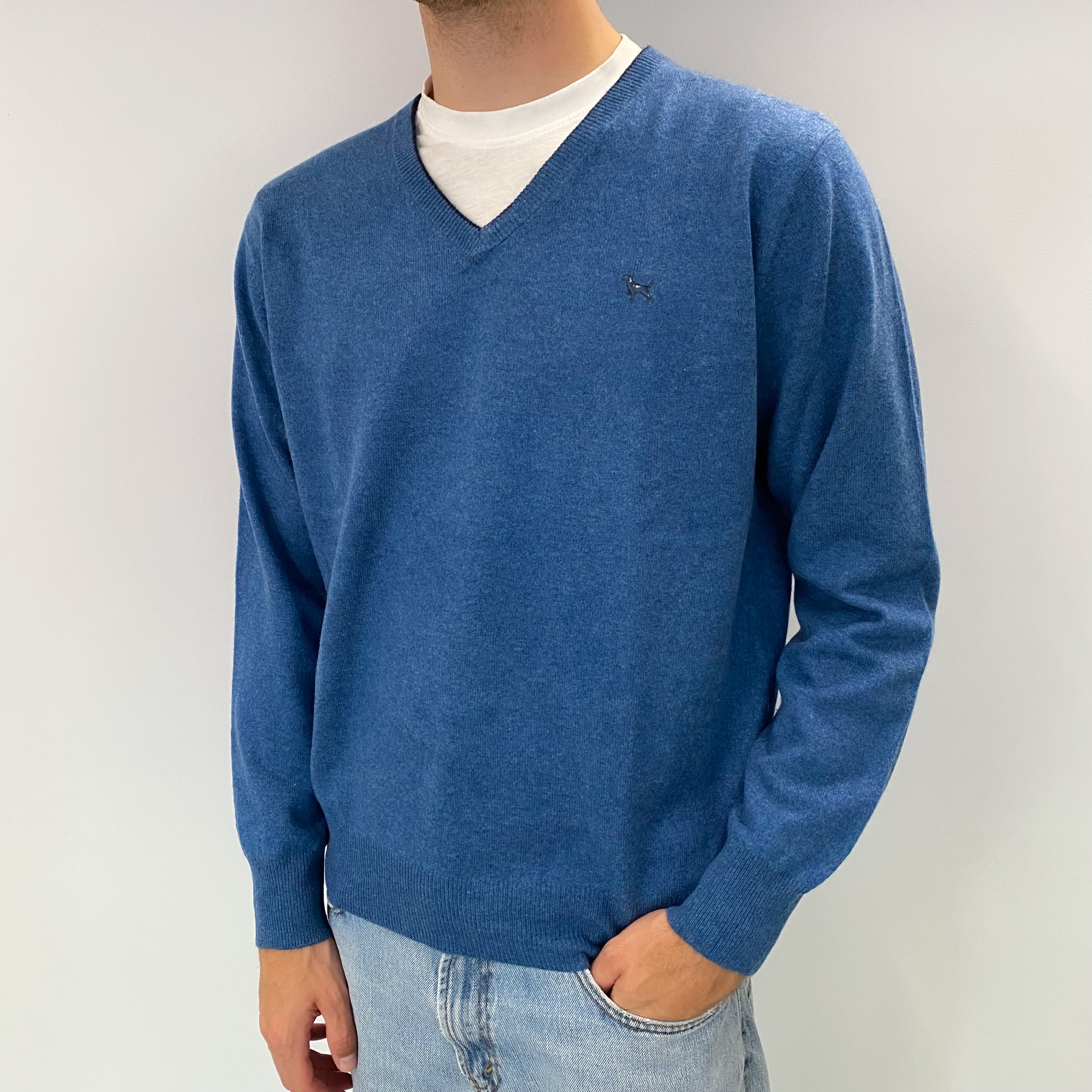 Men's Ocean Blue Cashmere V Neck Jumper Large
