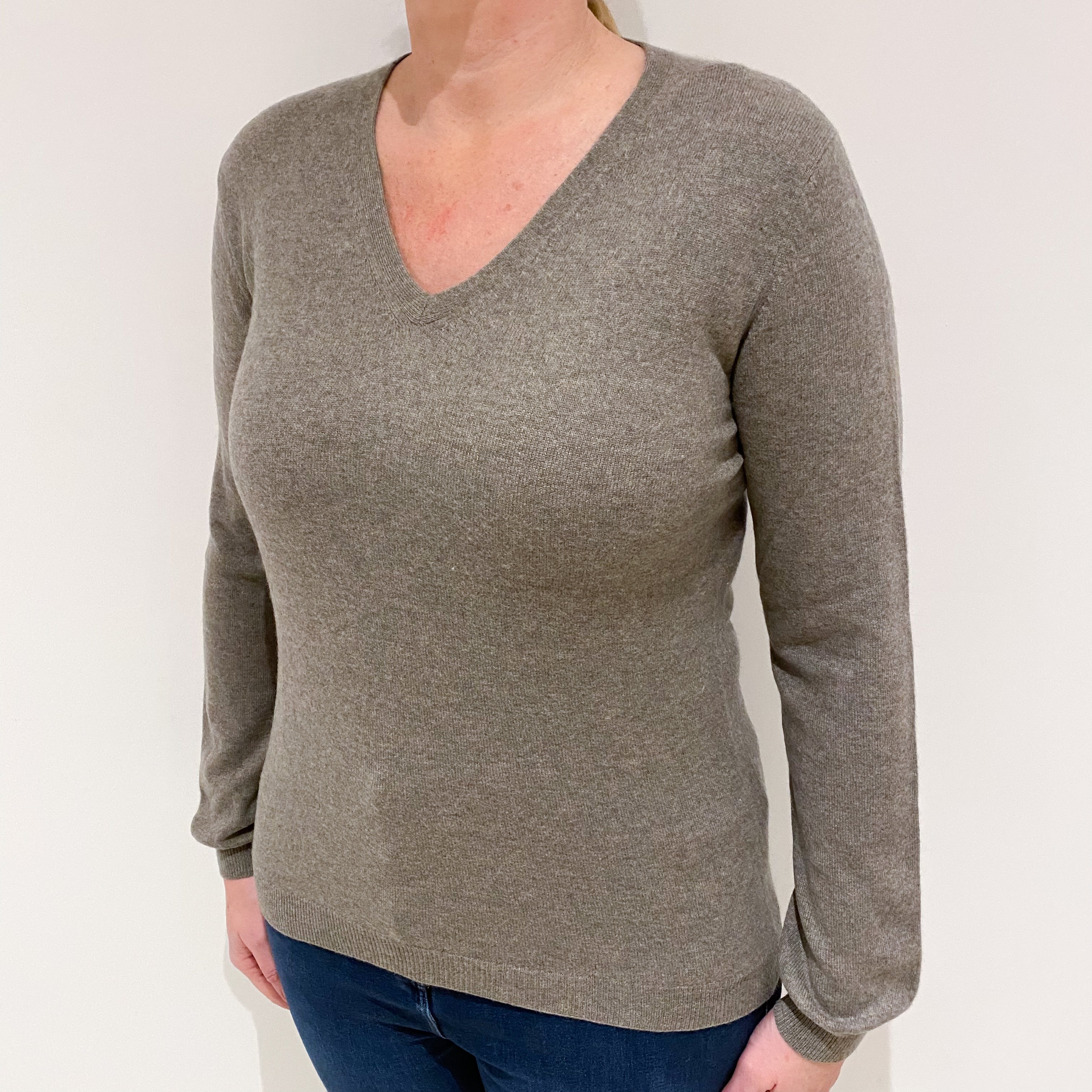 Mink Brown Cashmere V-Neck Jumper Large