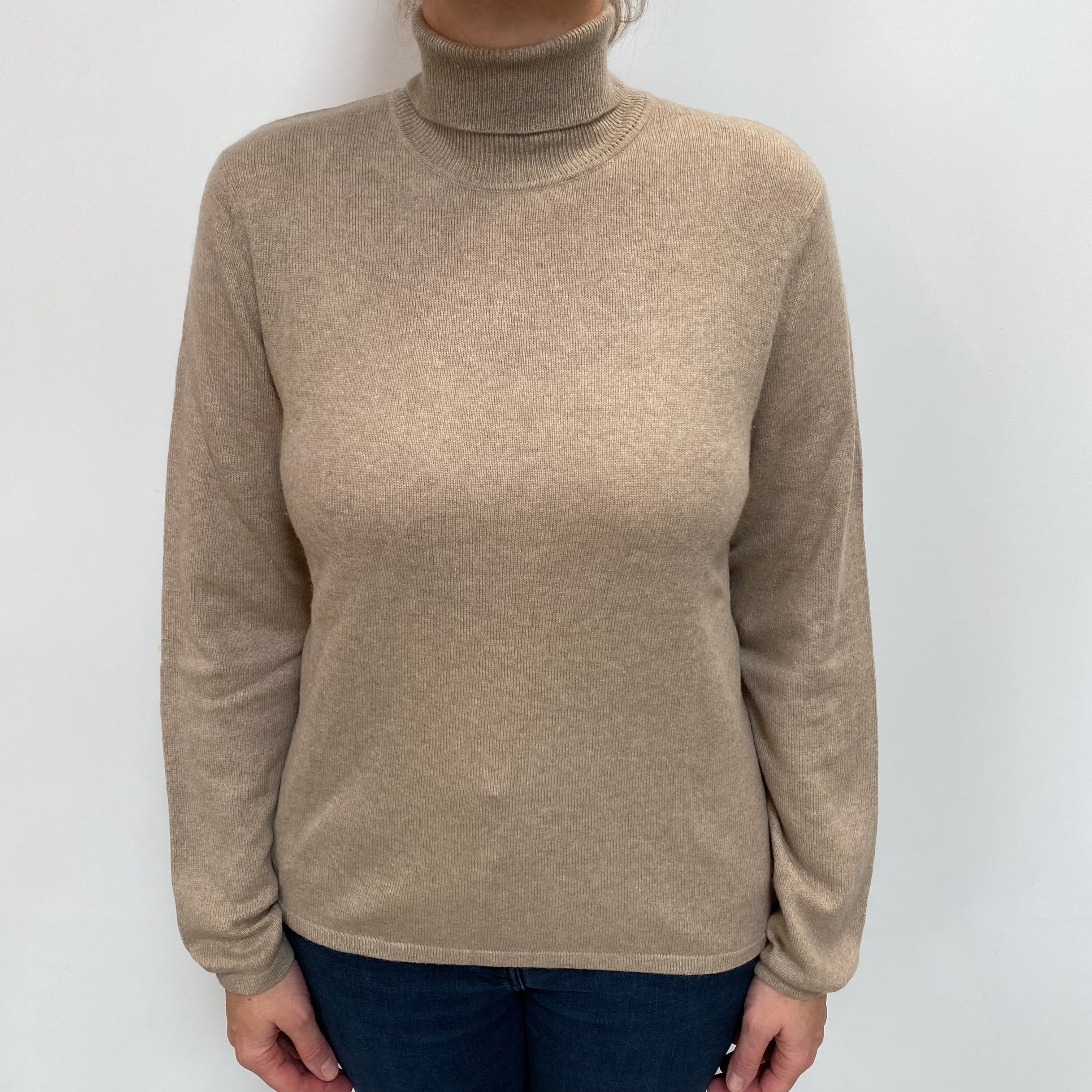 Biscuit Brown Cashmere Polo Neck Jumper Large
