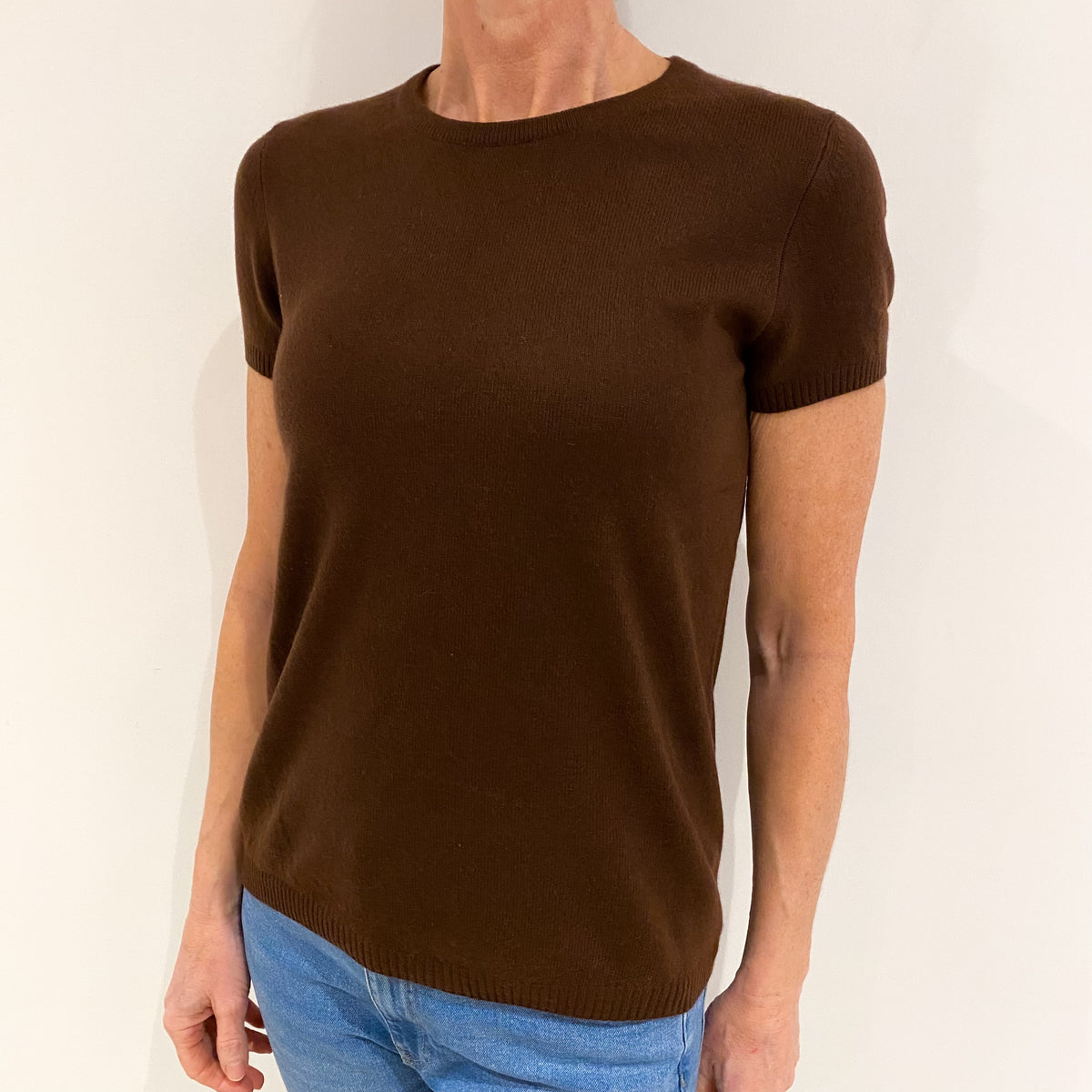 Chocolate Brown Cashmere Short Sleeve Crew Neck Jumper Small