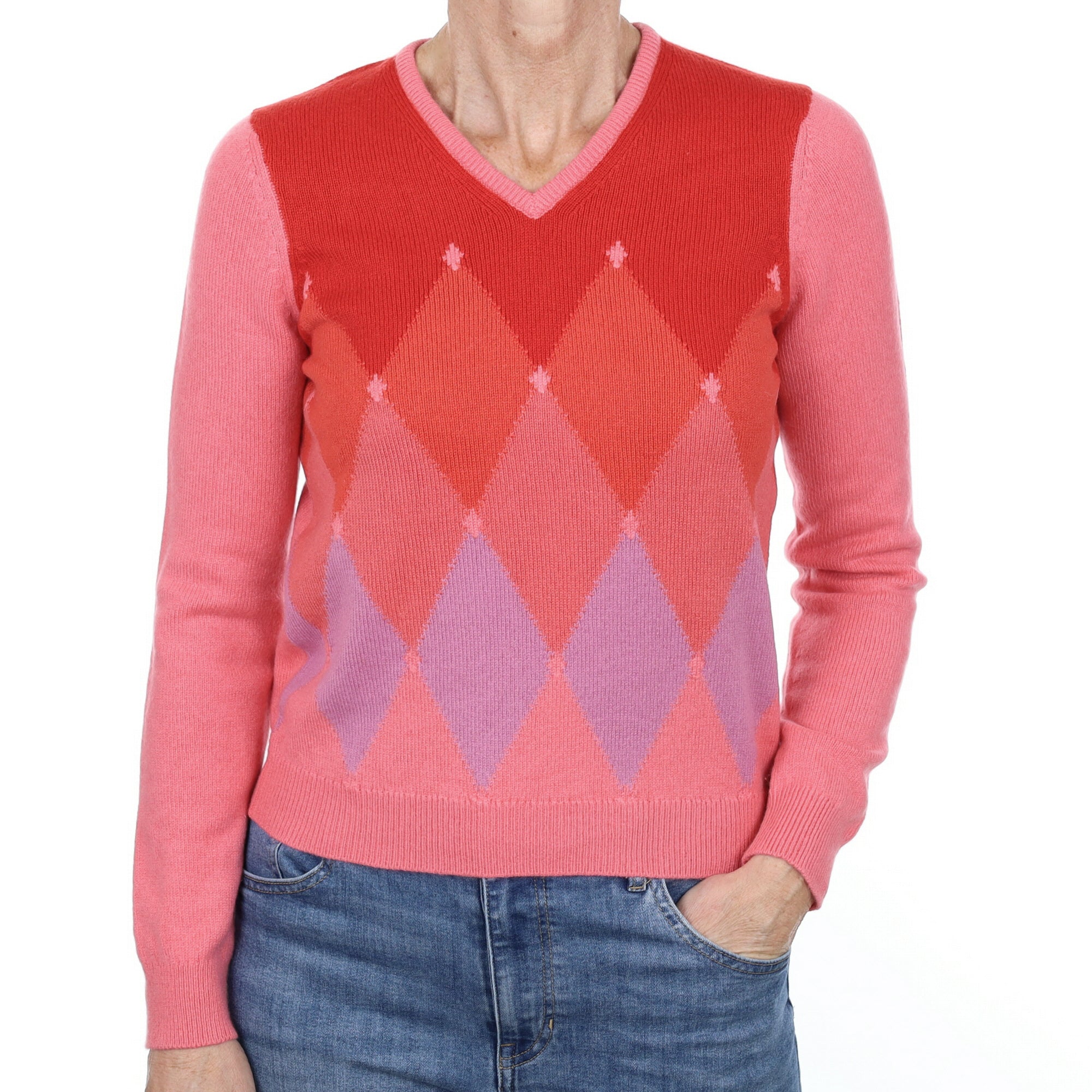 Scottish Pink Diamond Cashmere V Neck Jumper Small