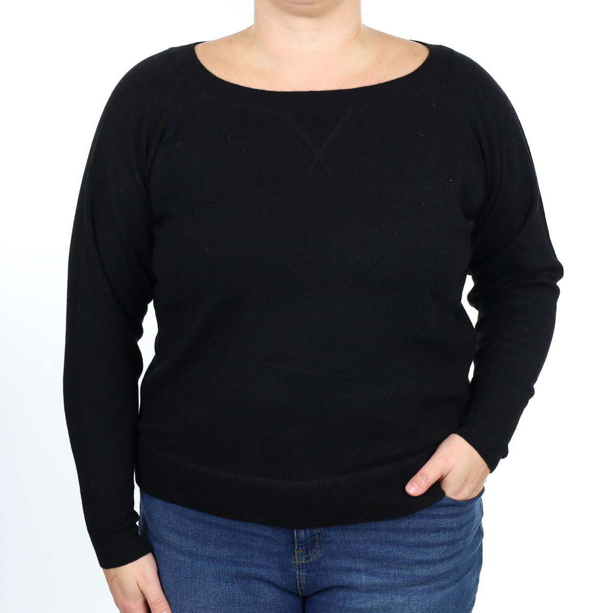 Black Cashmere Sweatshirt Style Boat Neck Jumper Large
