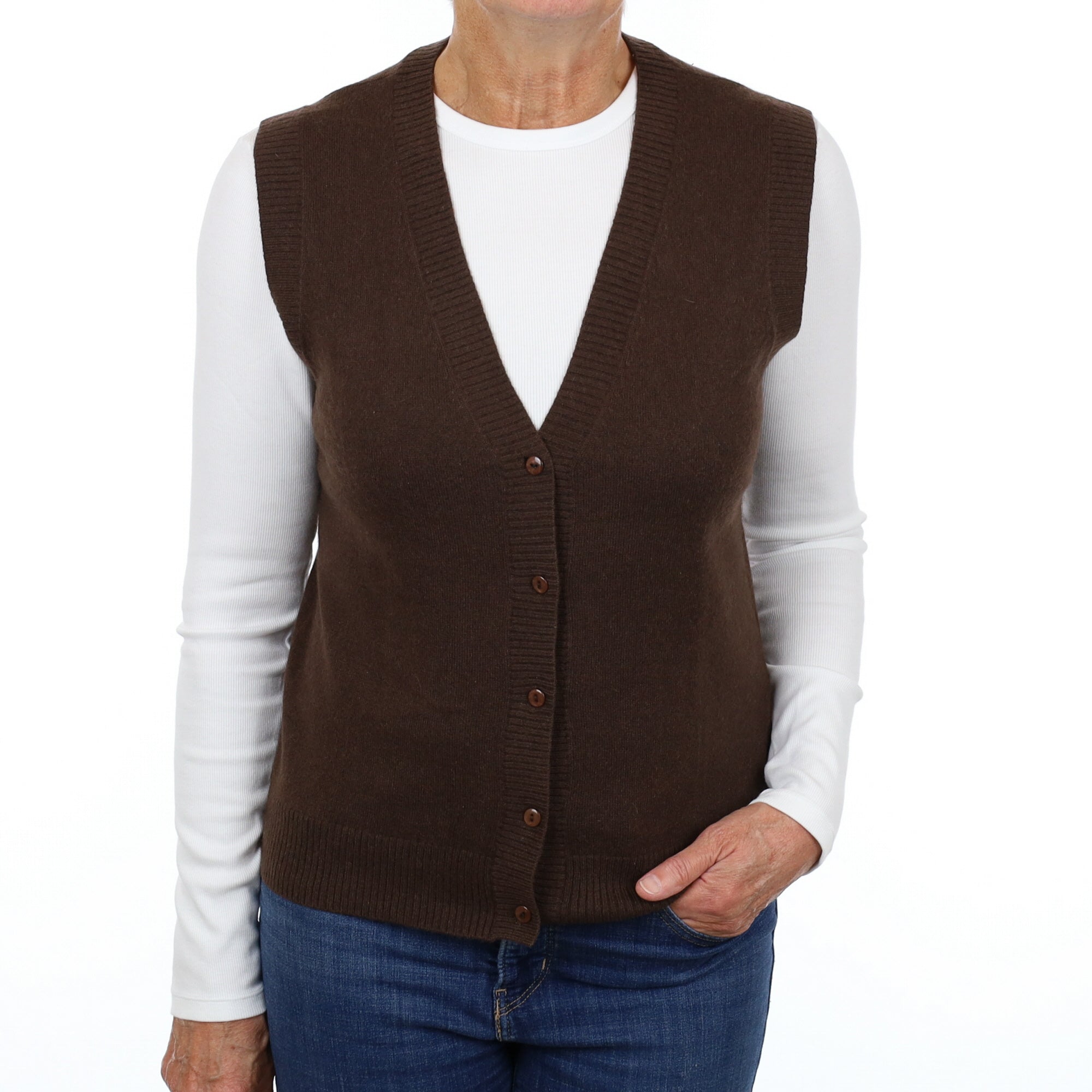 Chocolate Brown Cashmere V Neck Sleeveless Cardigan Medium