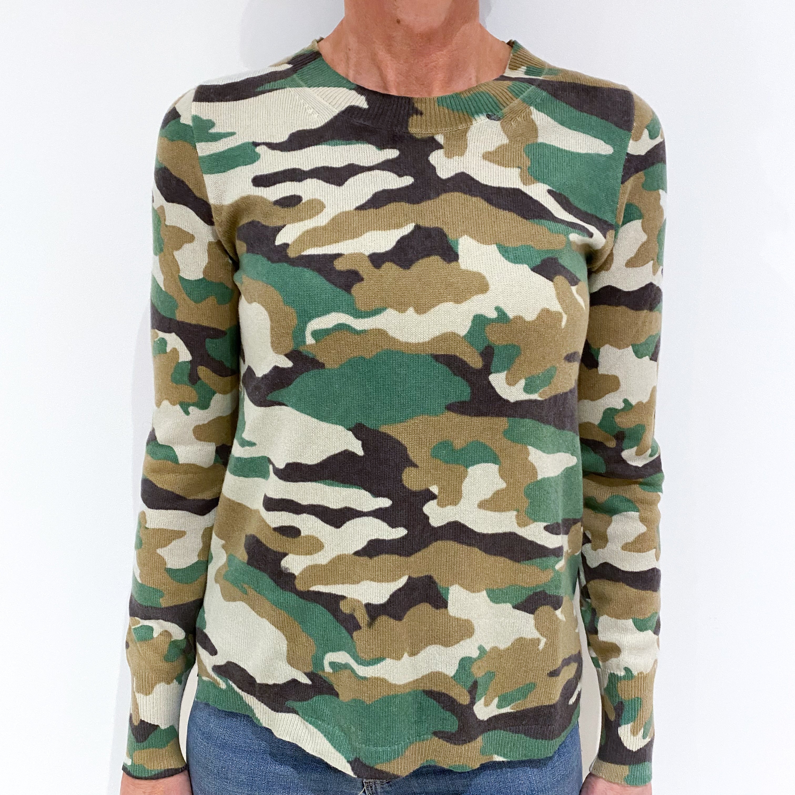 Green Camouflage Lightweight Cashmere Crew Neck Jumper Small