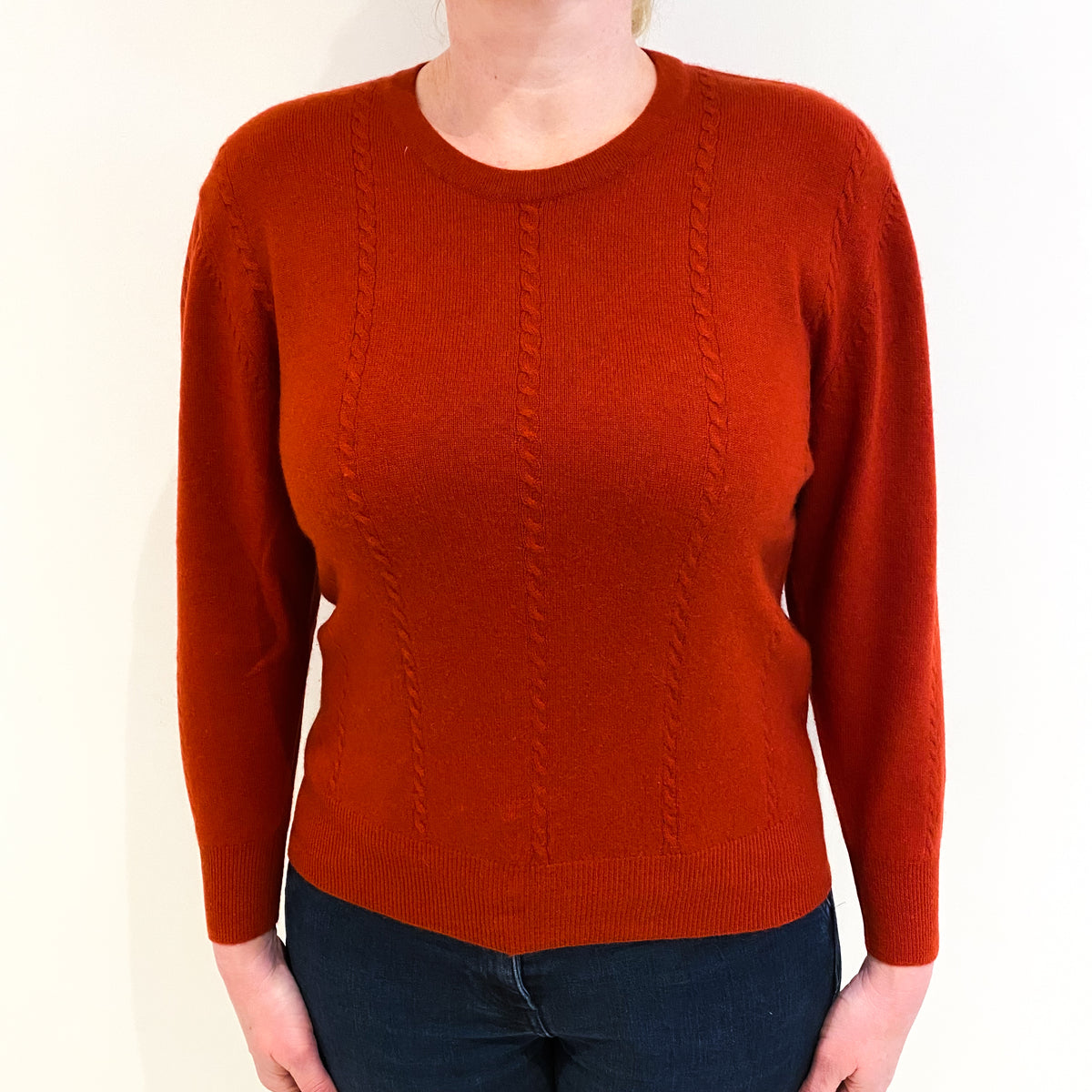 Rust Red Cabled Cashmere Crew Neck Jumper Large