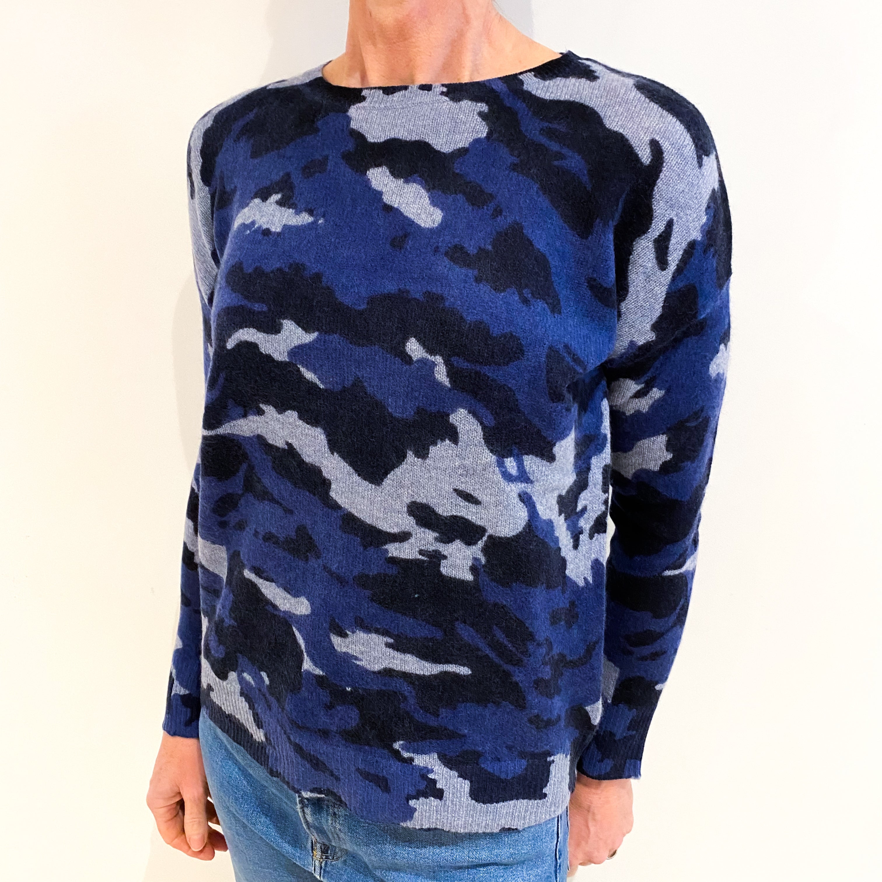 Blue Camouflage Cashmere Crew Neck Jumper Small