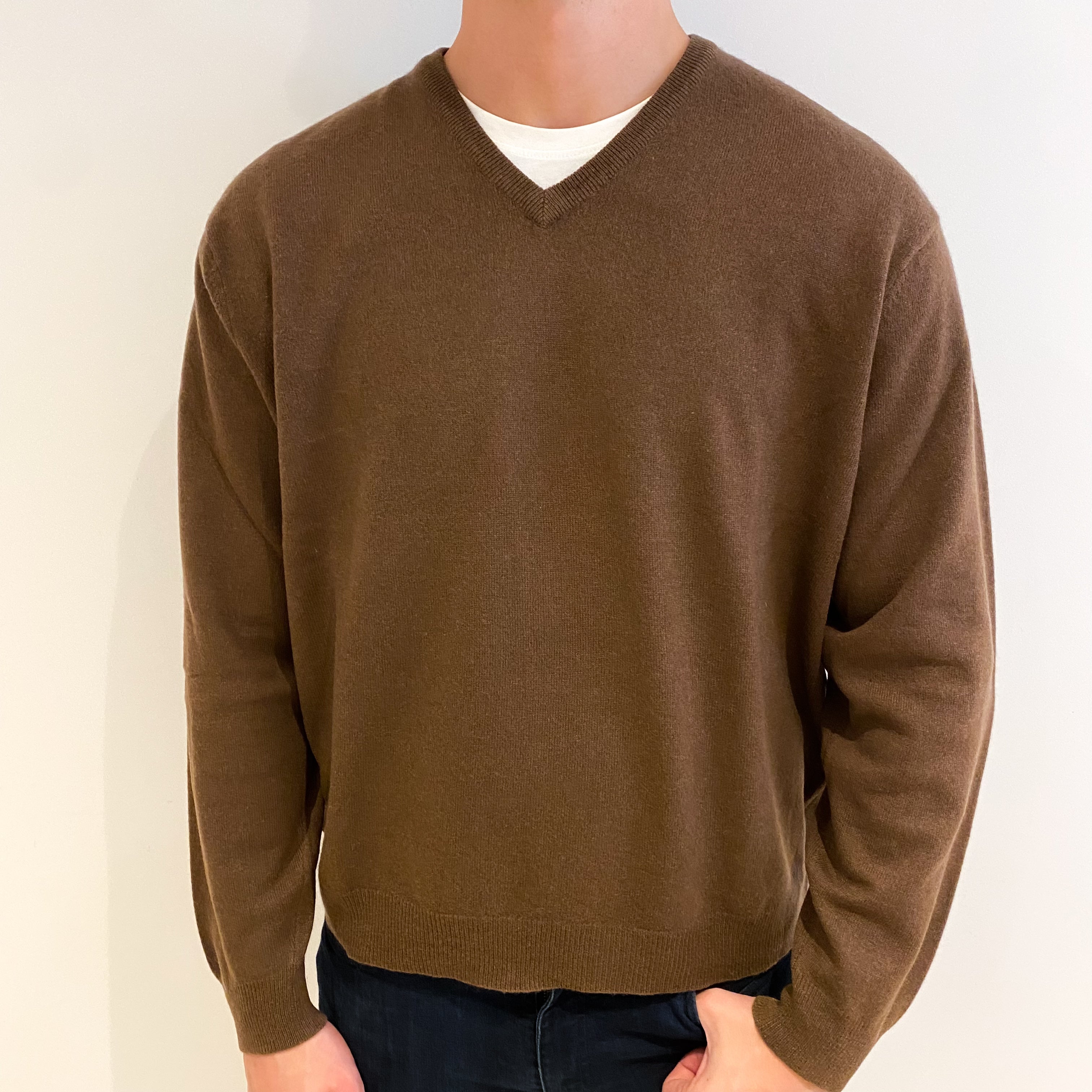 Men's Milk Chocolate Brown Cashmere V Neck Jumper XXL