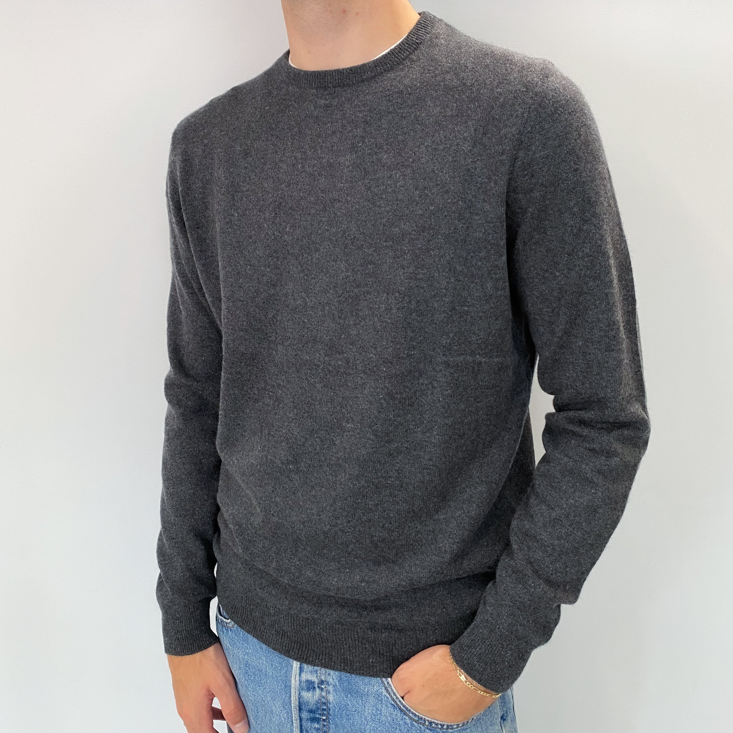 Men's Slate Grey Cashmere Crew Neck Jumper Large