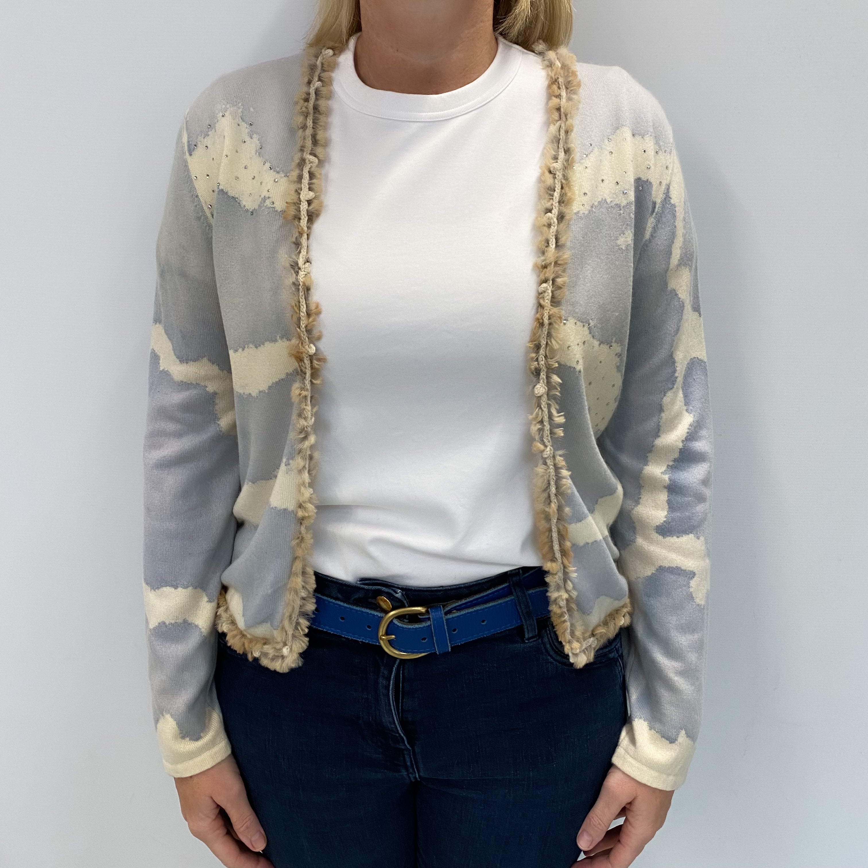 Italian Blue And Cream Mottled Cashmere Edge To Edge Cardigan Large