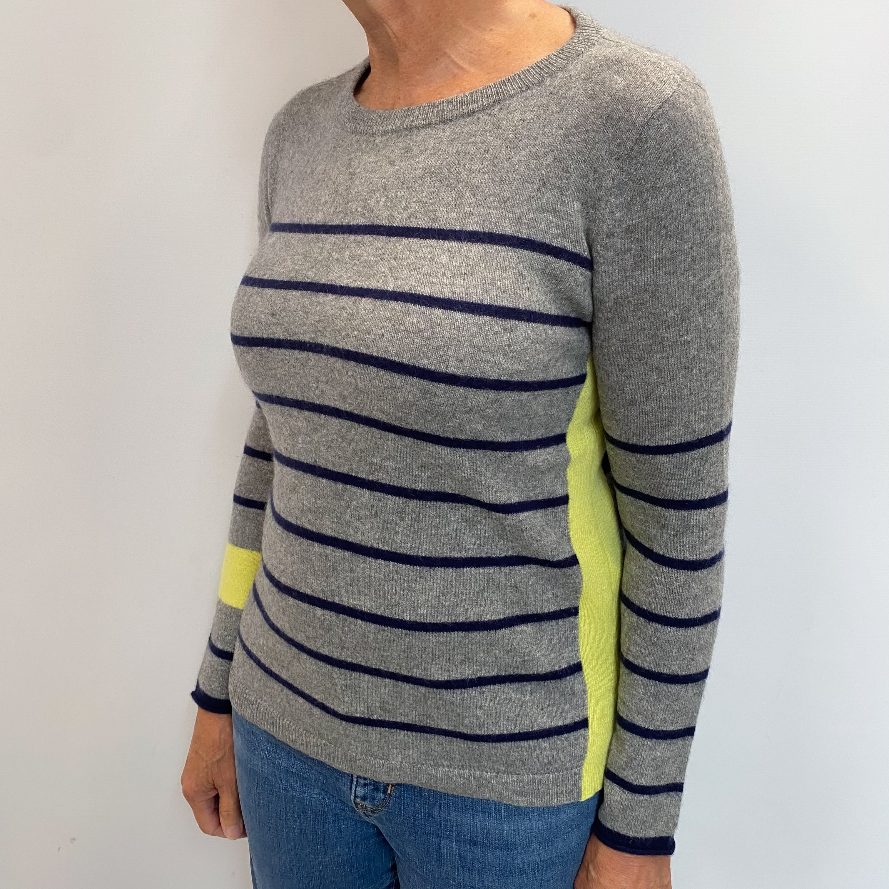 Ash Grey and Navy Striped Cashmere Crew Neck Jumper Medium