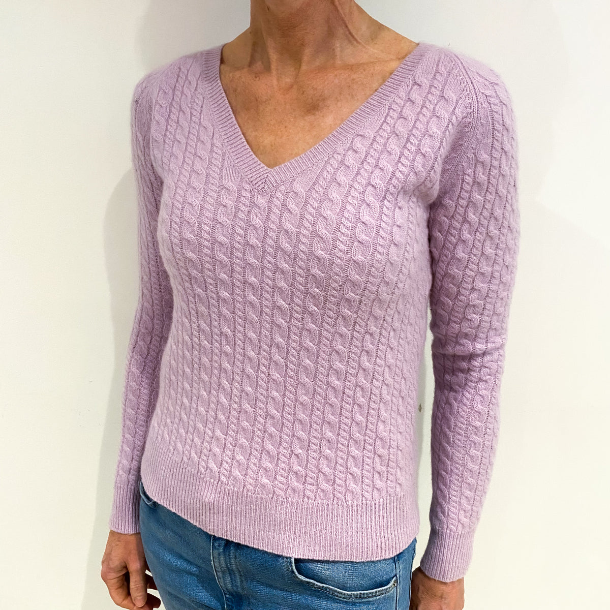 Pale Lilac Purple Cashmere V Neck Jumper Small