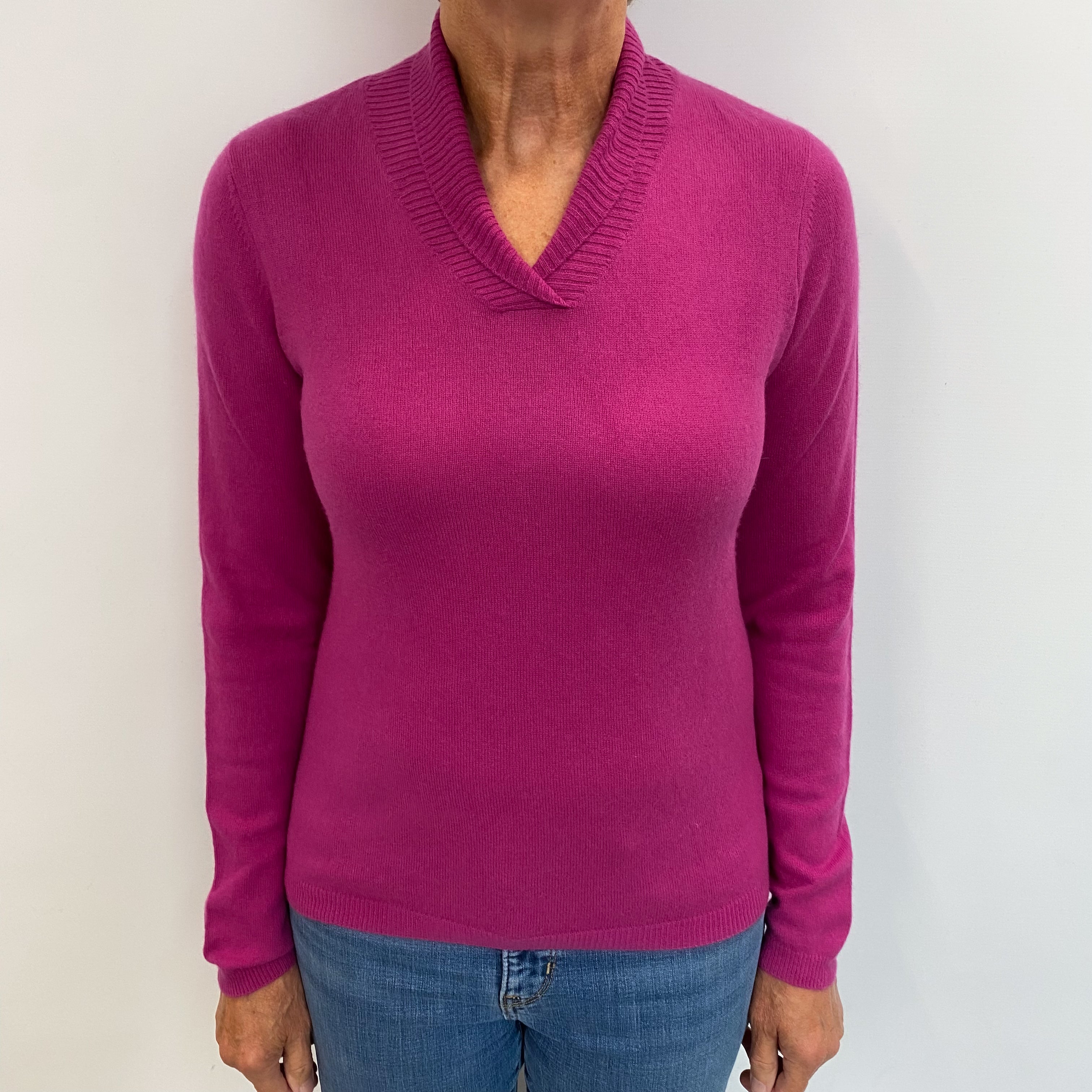 Fuchsia Pink Cashmere Collared V Neck Jumper Medium