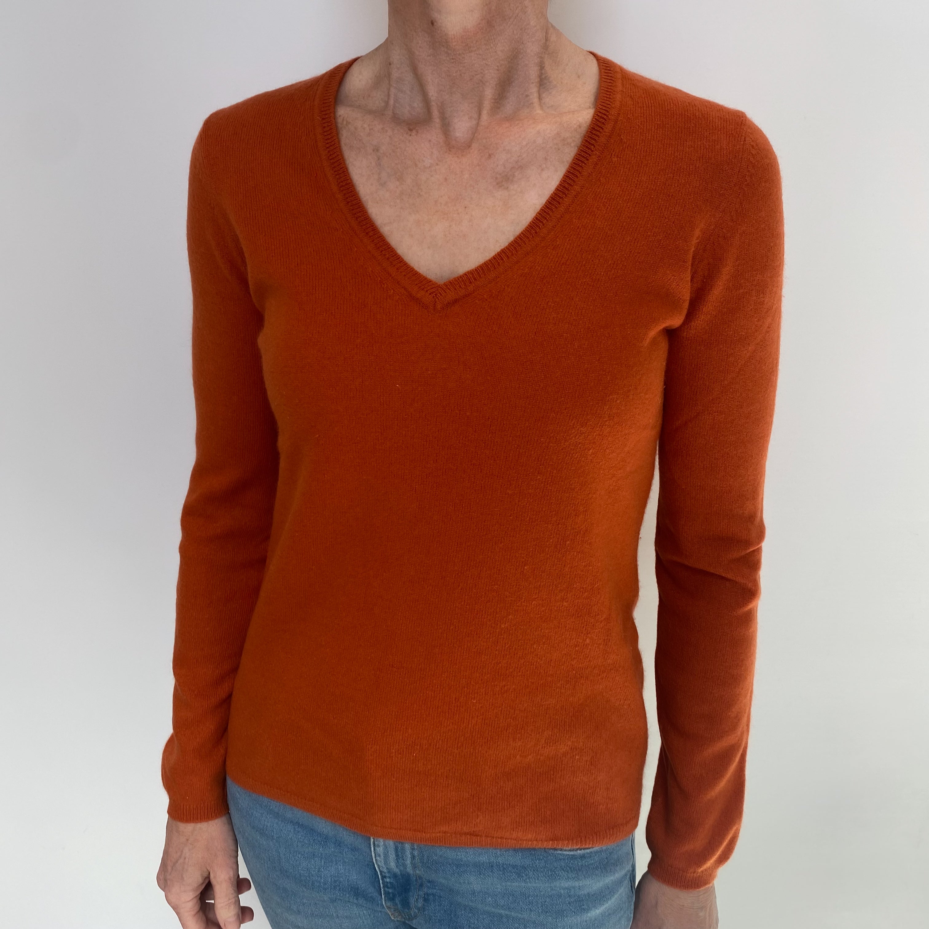 Burnt Orange Cashmere V Neck Jumper Small