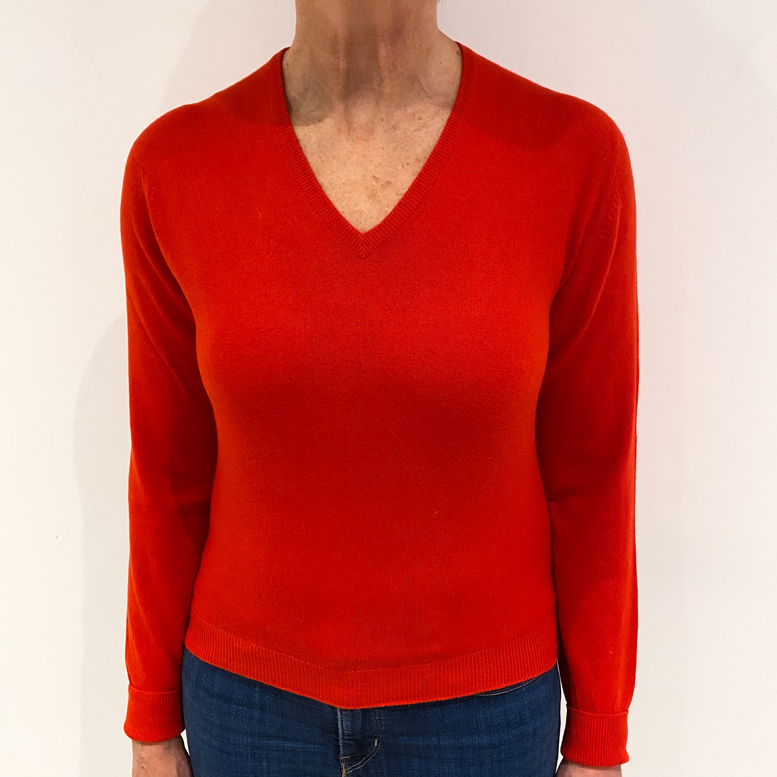 Scottish Vintage Vermillion Red Cashmere V Neck Jumper Medium