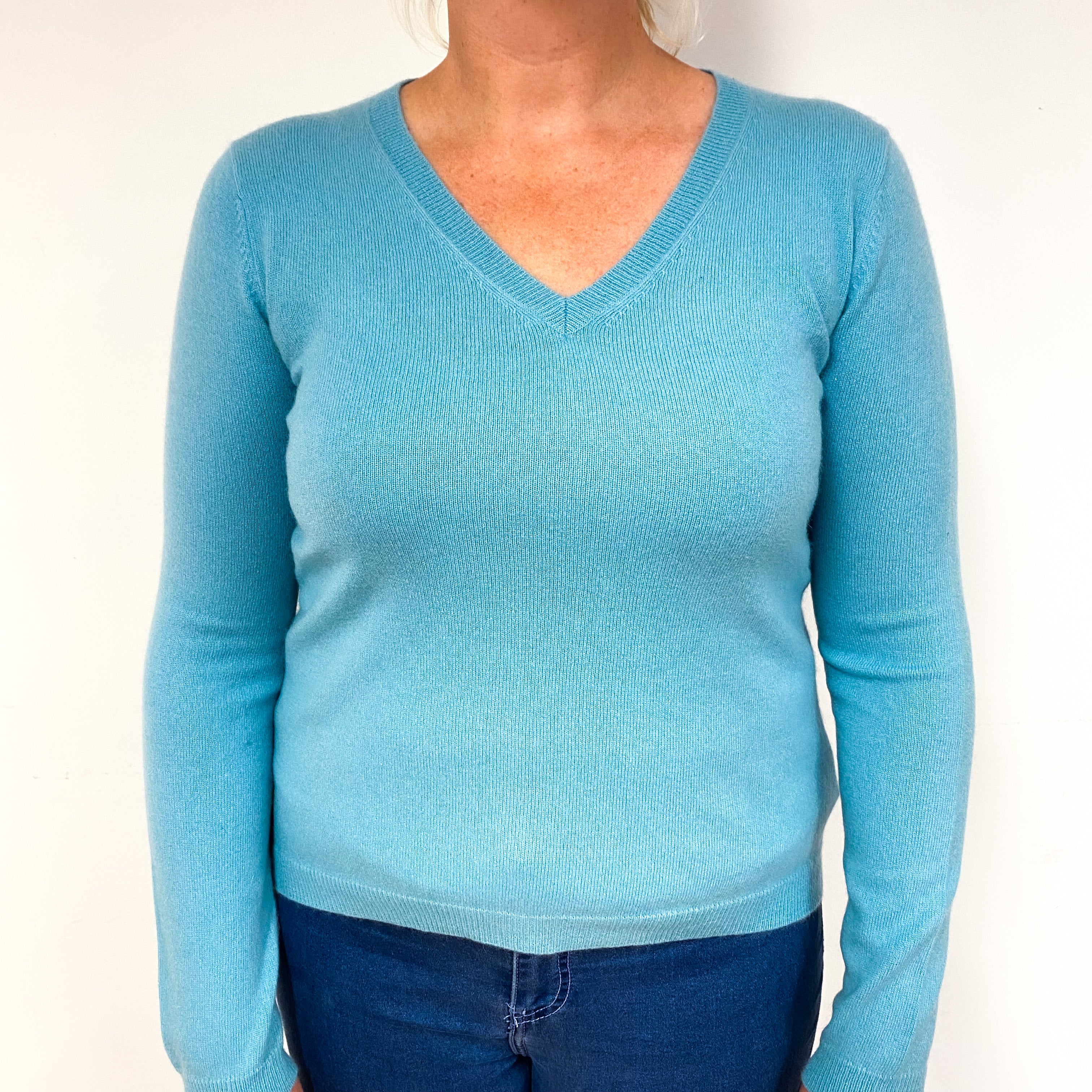 Pale Aqua Blue Cashmere V-Neck Jumper Large