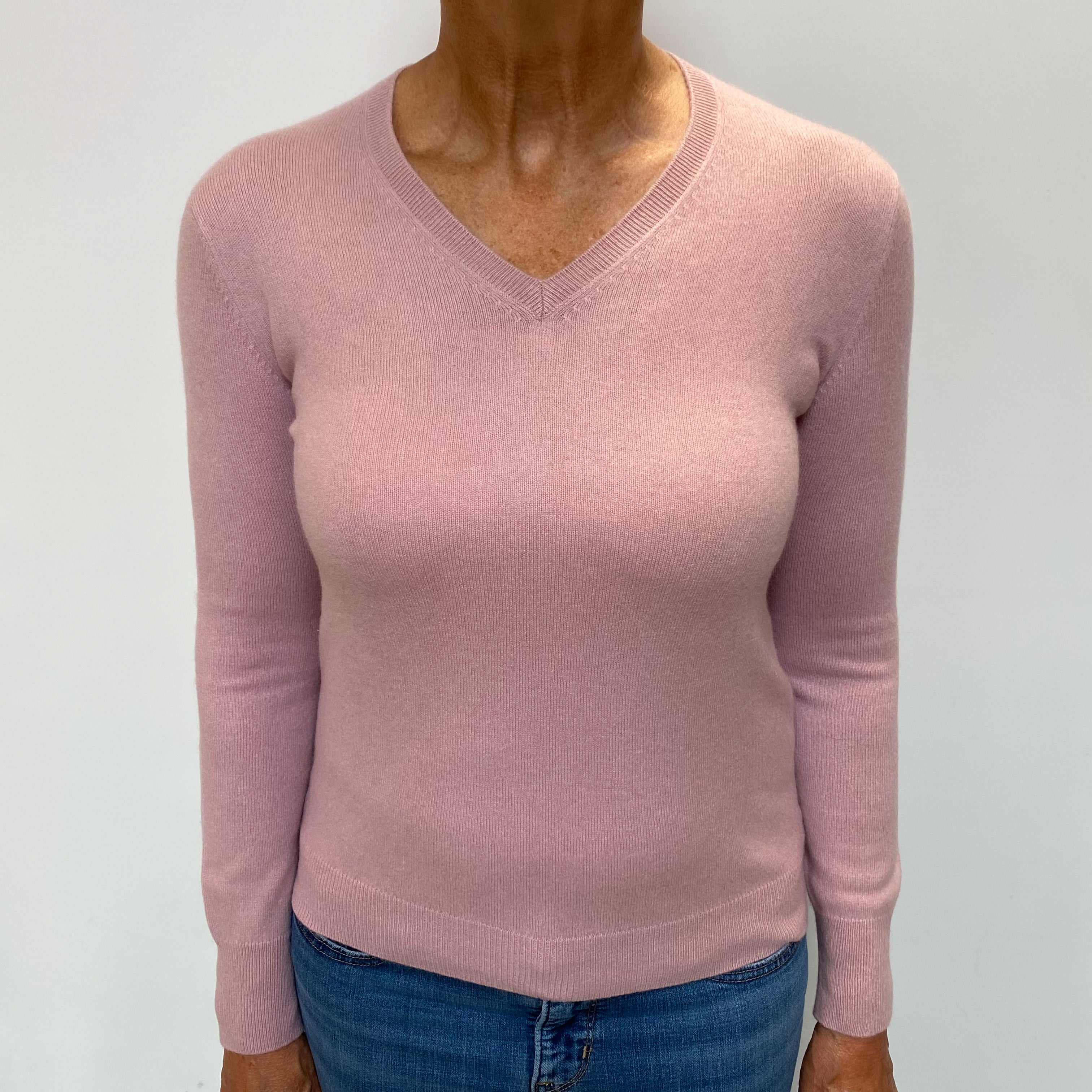 Dusky Pink Cashmere V Neck Jumper Medium