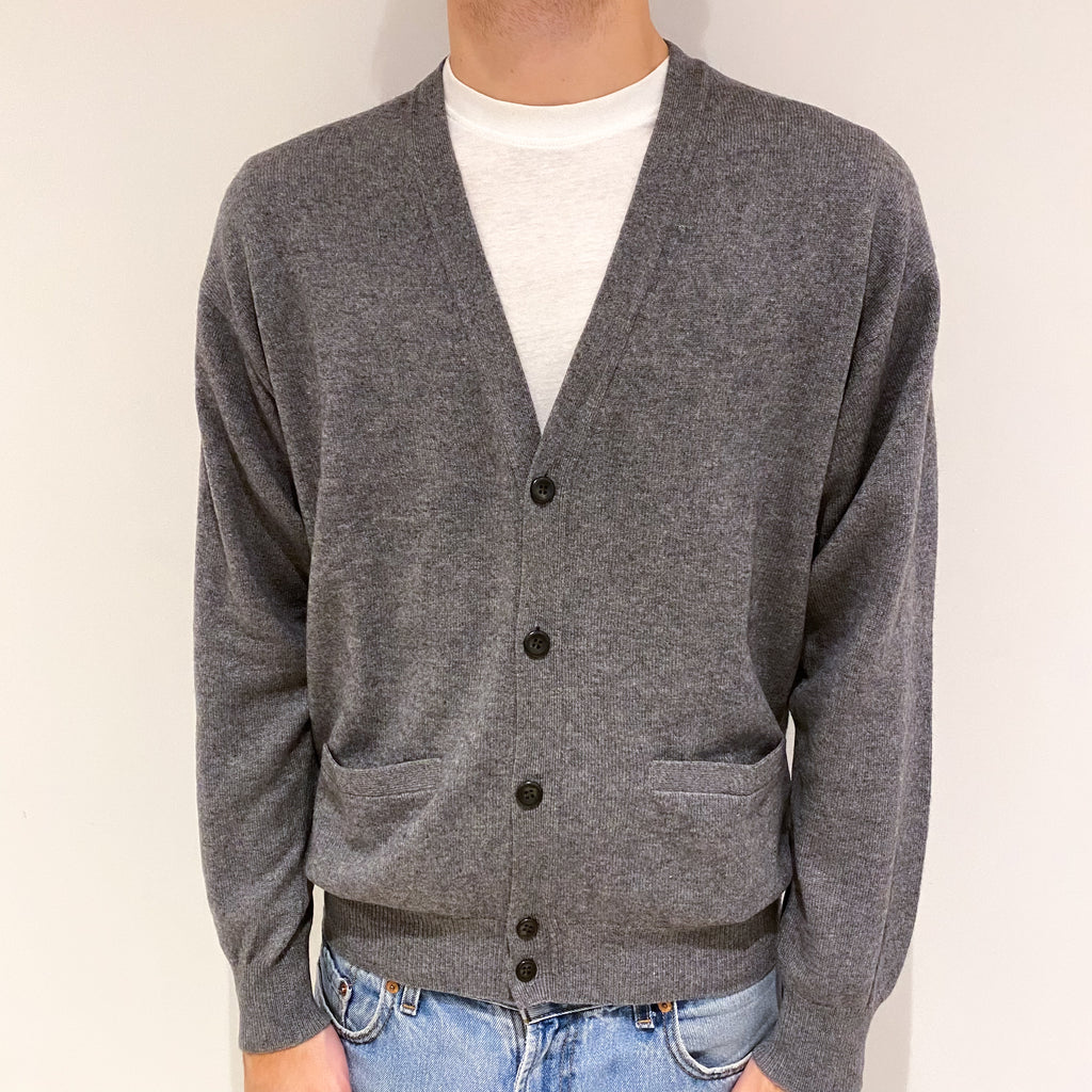 Men's Steel Grey Cashmere V Neck Cardigan with Pockets Large