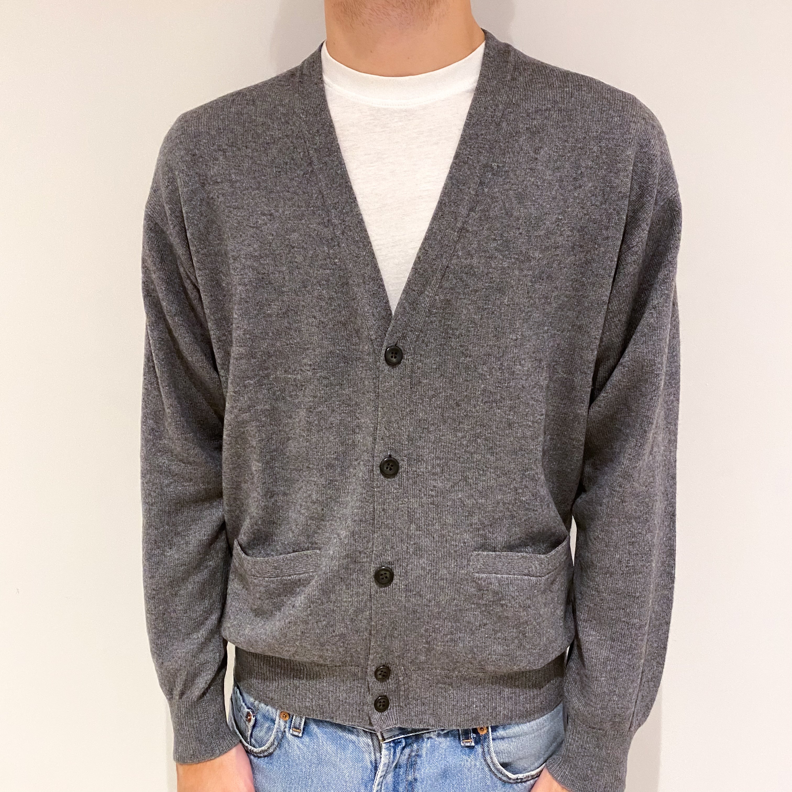 Men's Steel Grey Cashmere V Neck Cardigan with Pockets Large