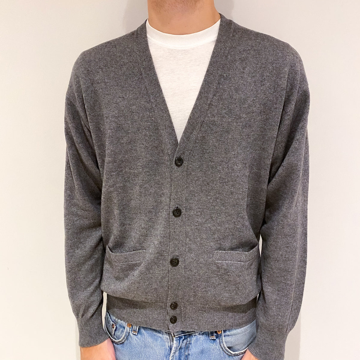 Men's Steel Grey Cashmere V Neck Cardigan with Pockets Large
