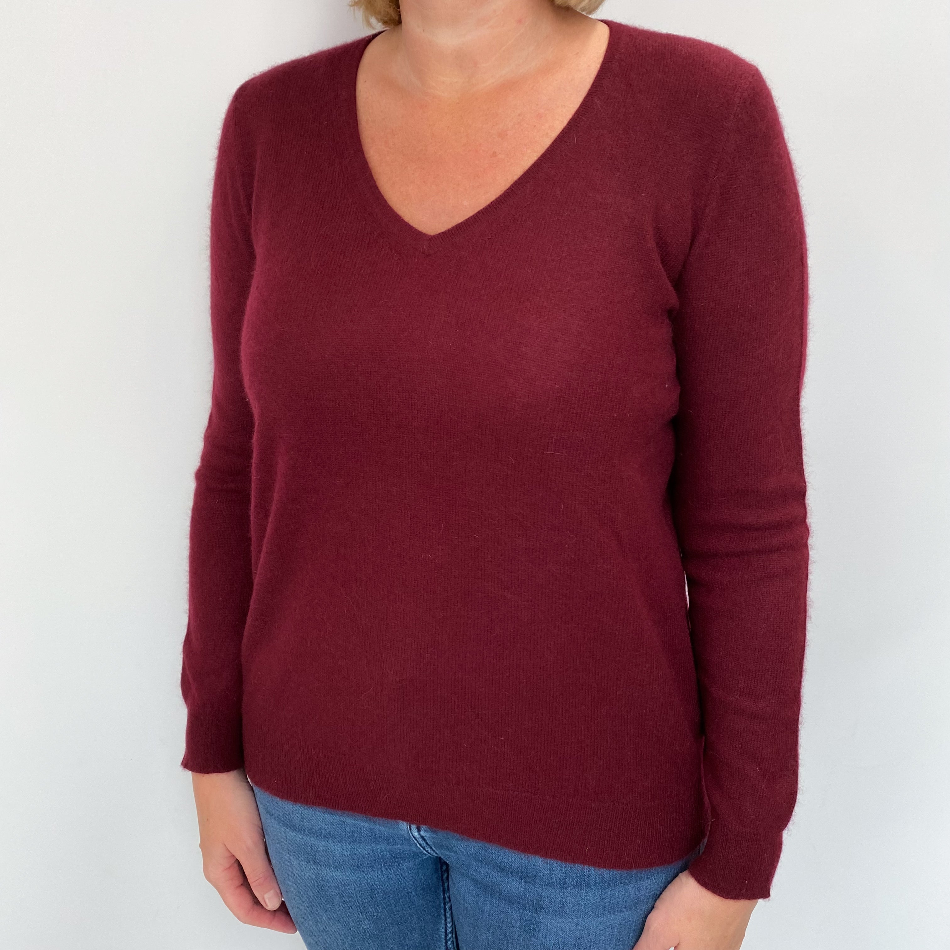 Deep Burgundy Cashmere V Neck Jumper Large