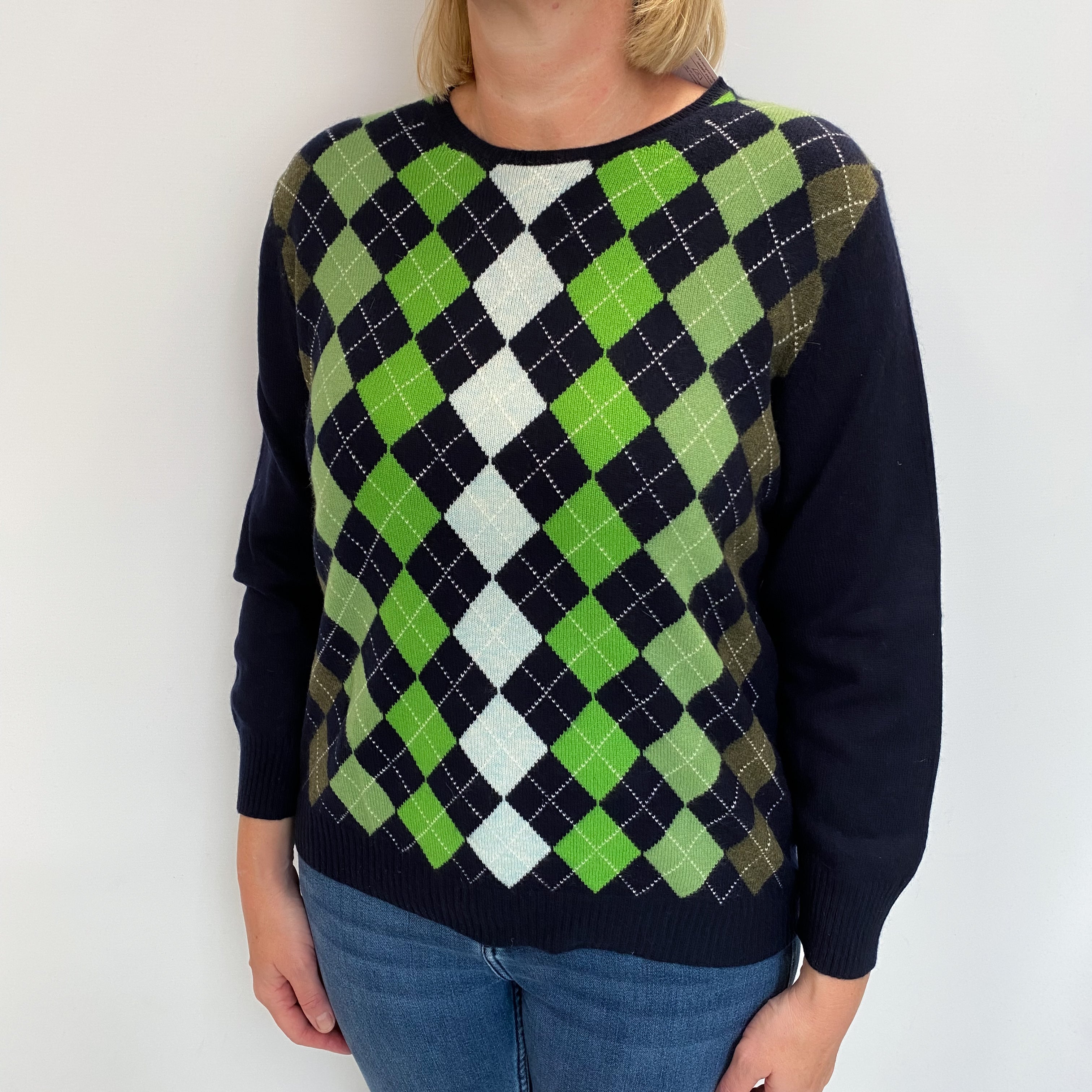 Navy Argyle Cashmere Crew Neck Jumper Large