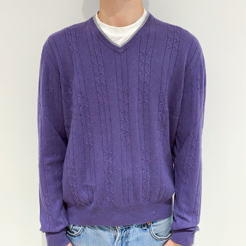 Men's Lavender Purple Cable Detail Cashmere V-Neck Jumper Large