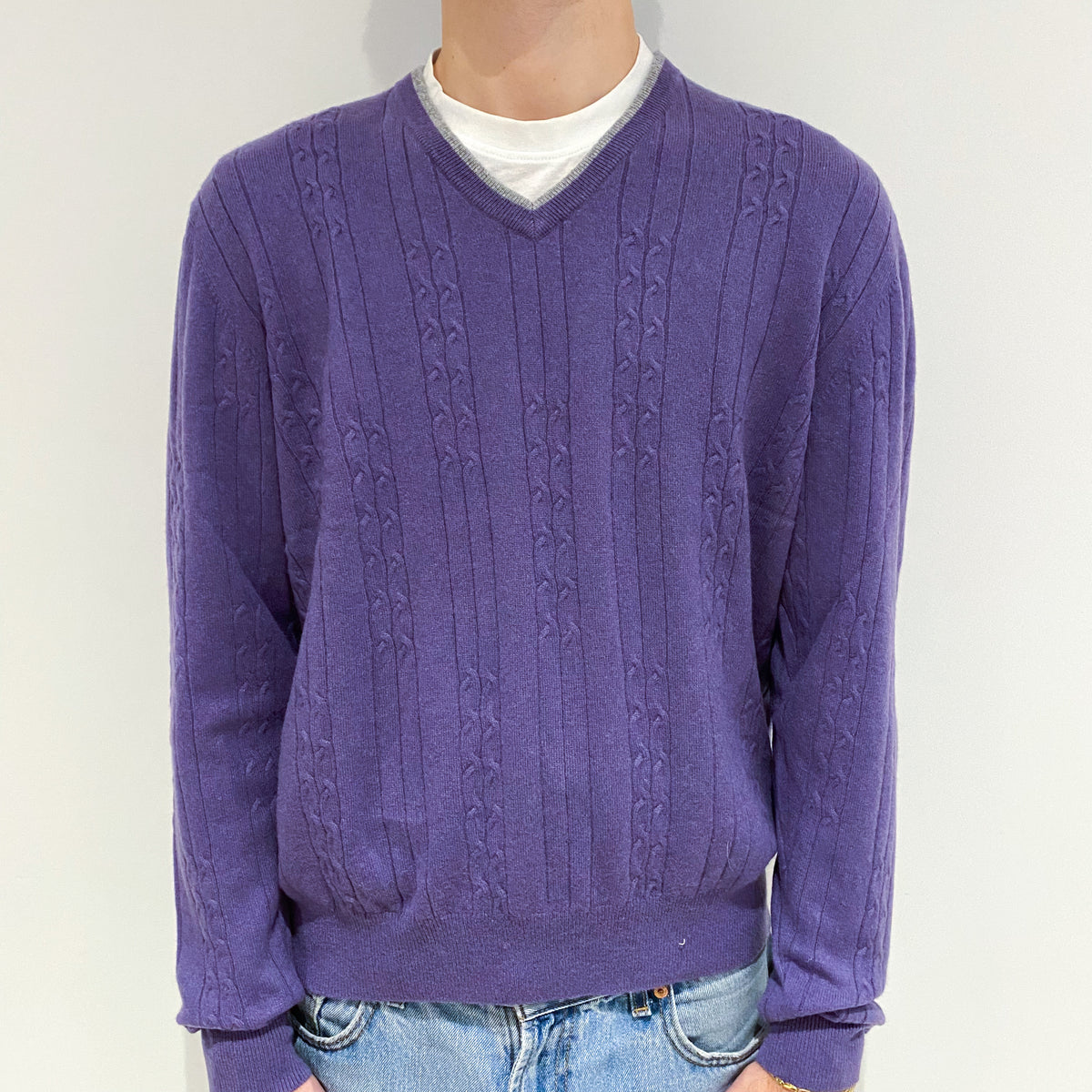Men's Lavender Purple Cable Detail Cashmere V-Neck Jumper Large