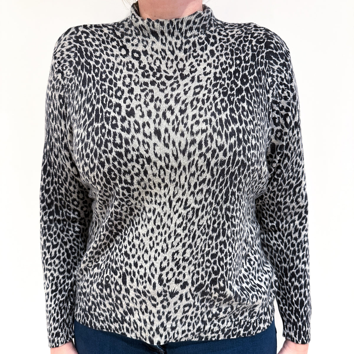 Grey Leopard Print Cashmere Turtle Neck Jumper Large