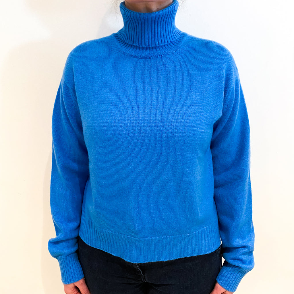 Cyan Blue Cashmere Slouchy Polo Neck Jumper Large