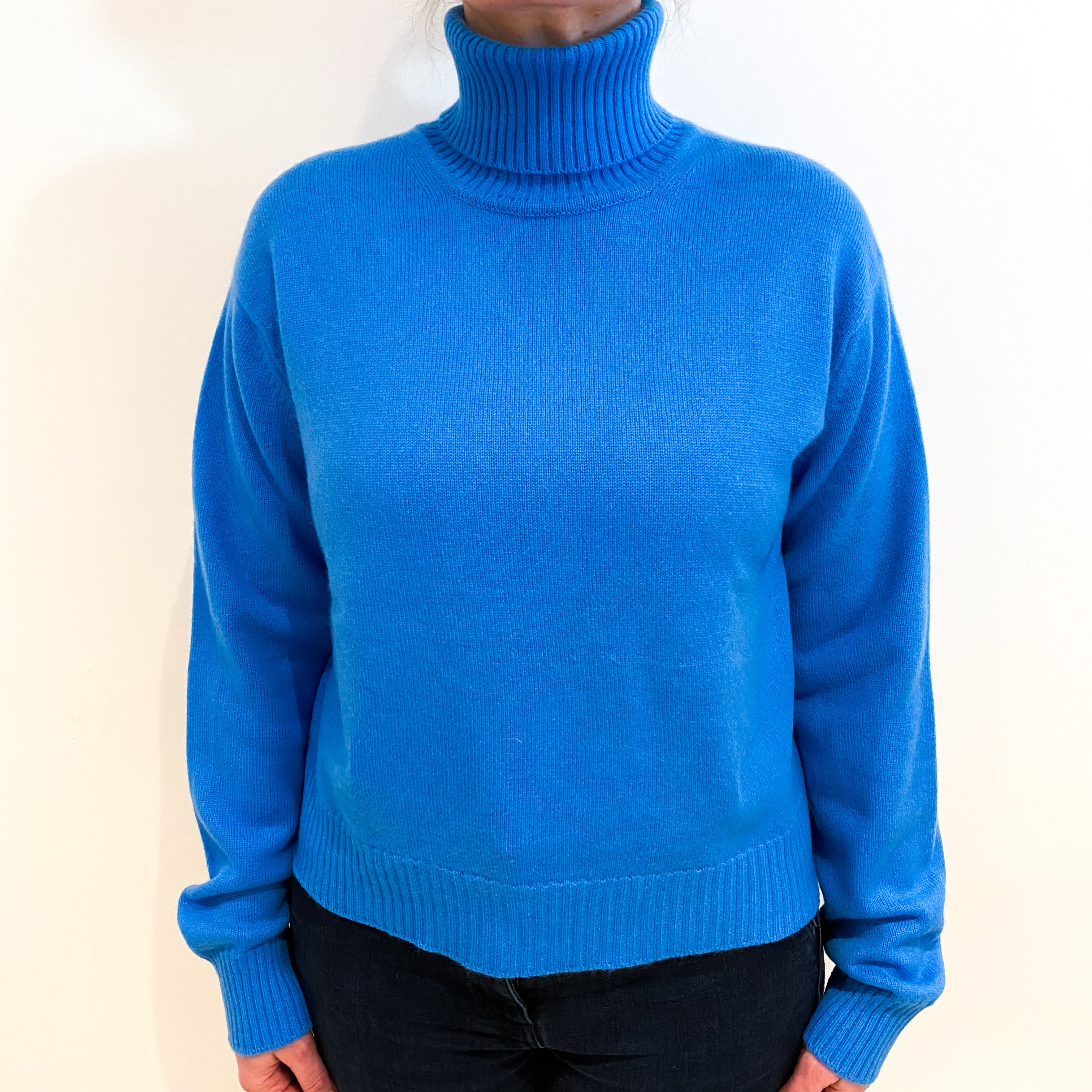 Cyan Blue Cashmere Slouchy Polo Neck Jumper Large