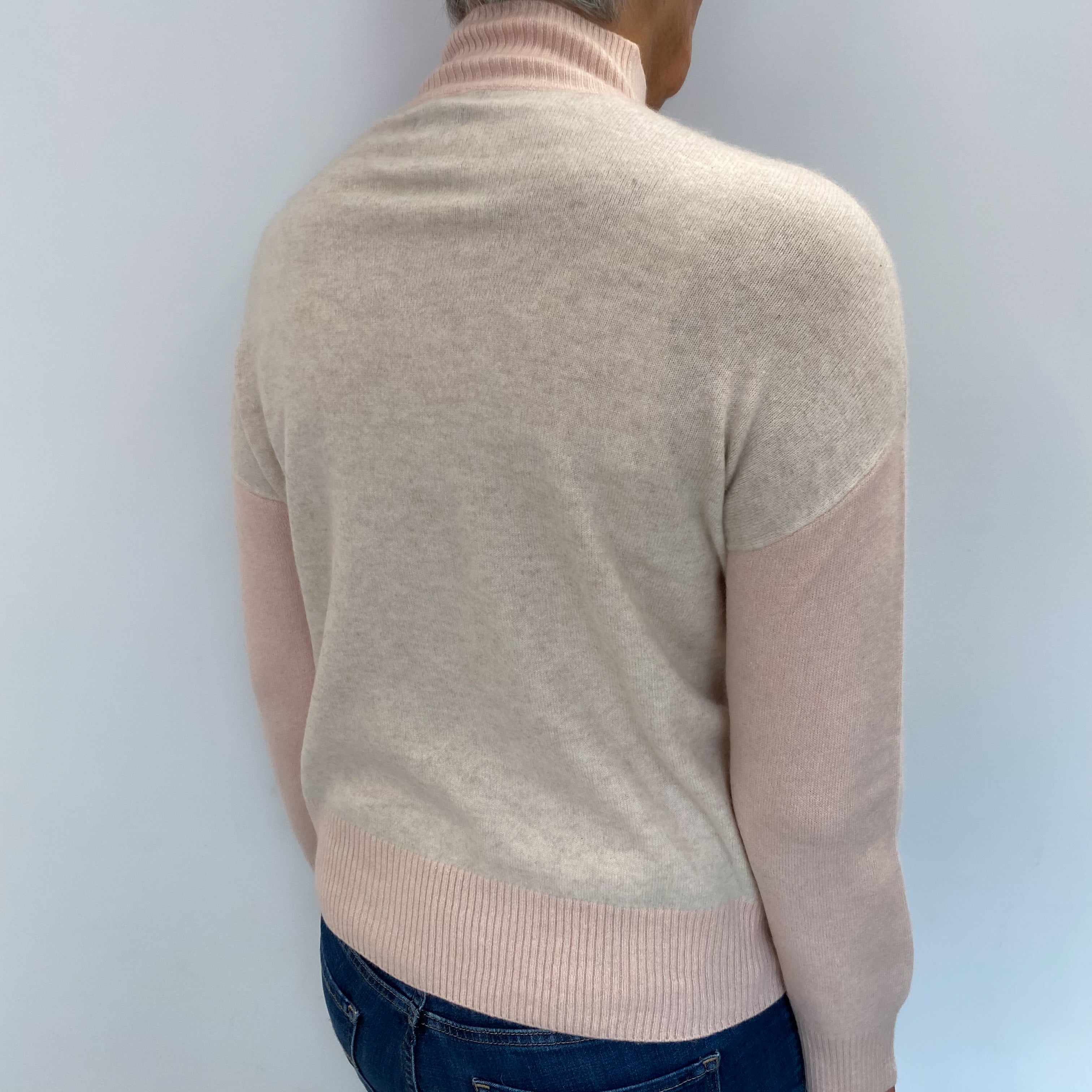 Shell Pink and Oatmeal Cashmere Turtle Neck Jumper Medium