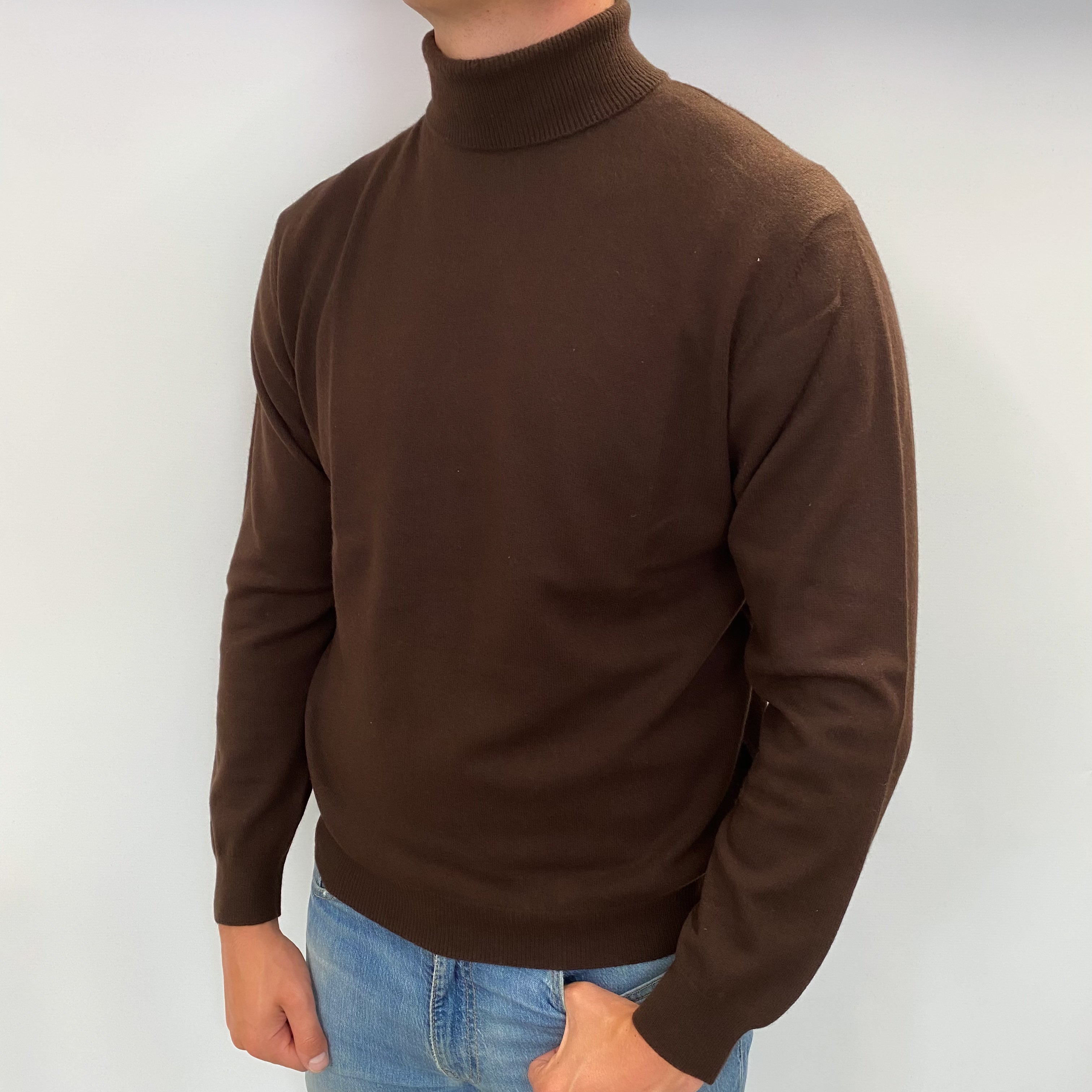 Men's Peppercorn Brown Cashmere Polo Neck Jumper XL