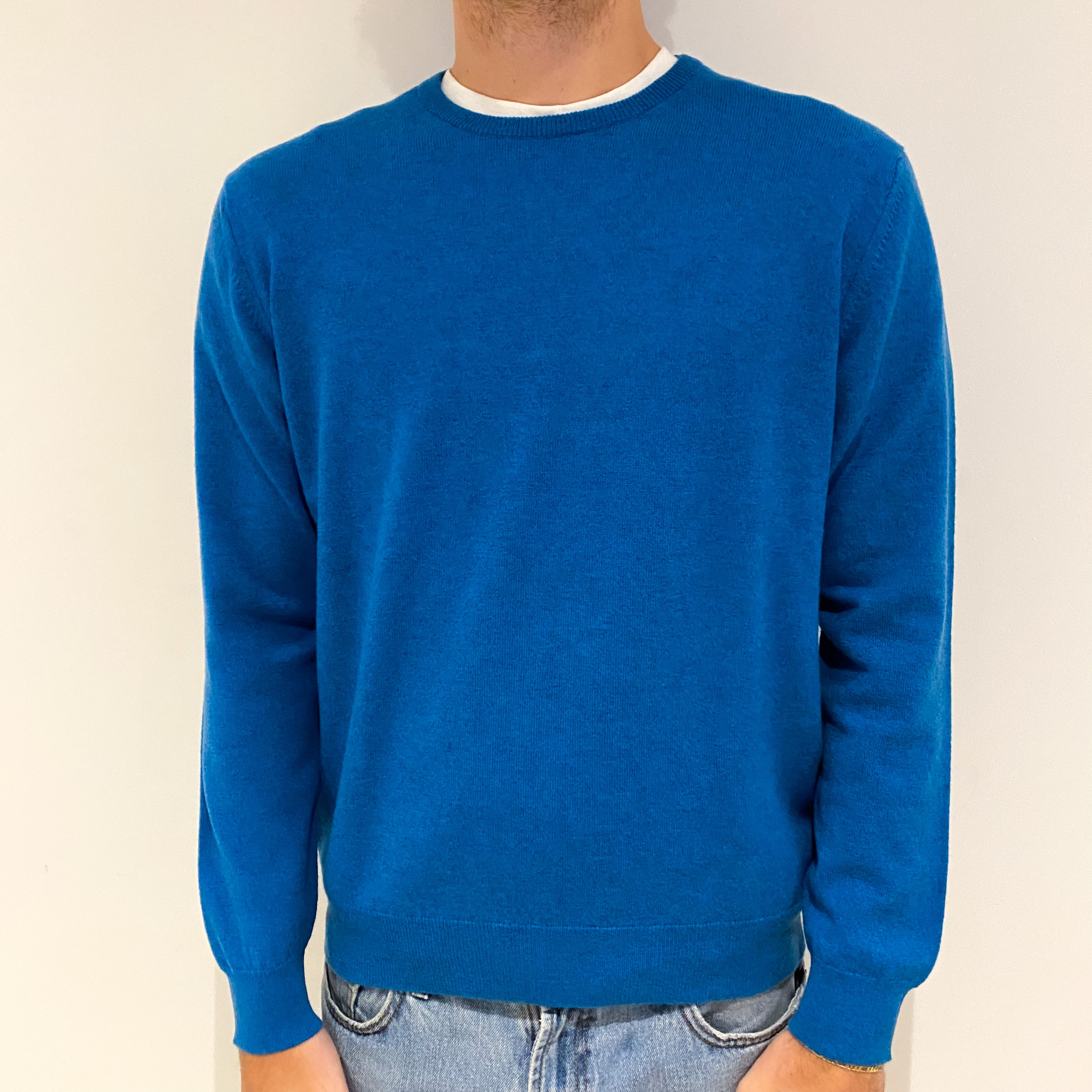 Men's New Peacock Blue Cashmere Crew Neck Jumper