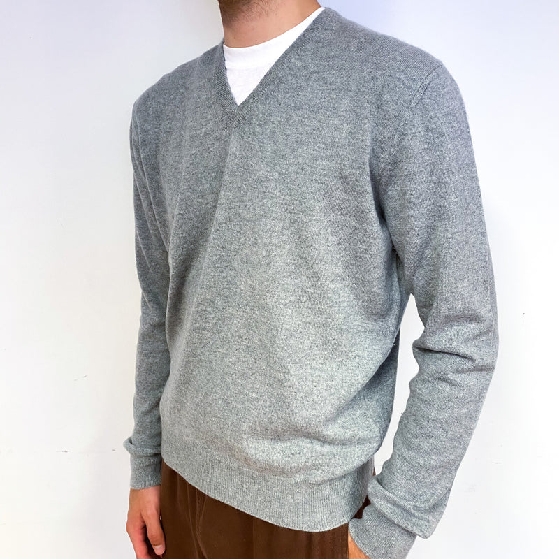 Men's Italian Smoke Grey Cashmere V-Neck Jumper Large