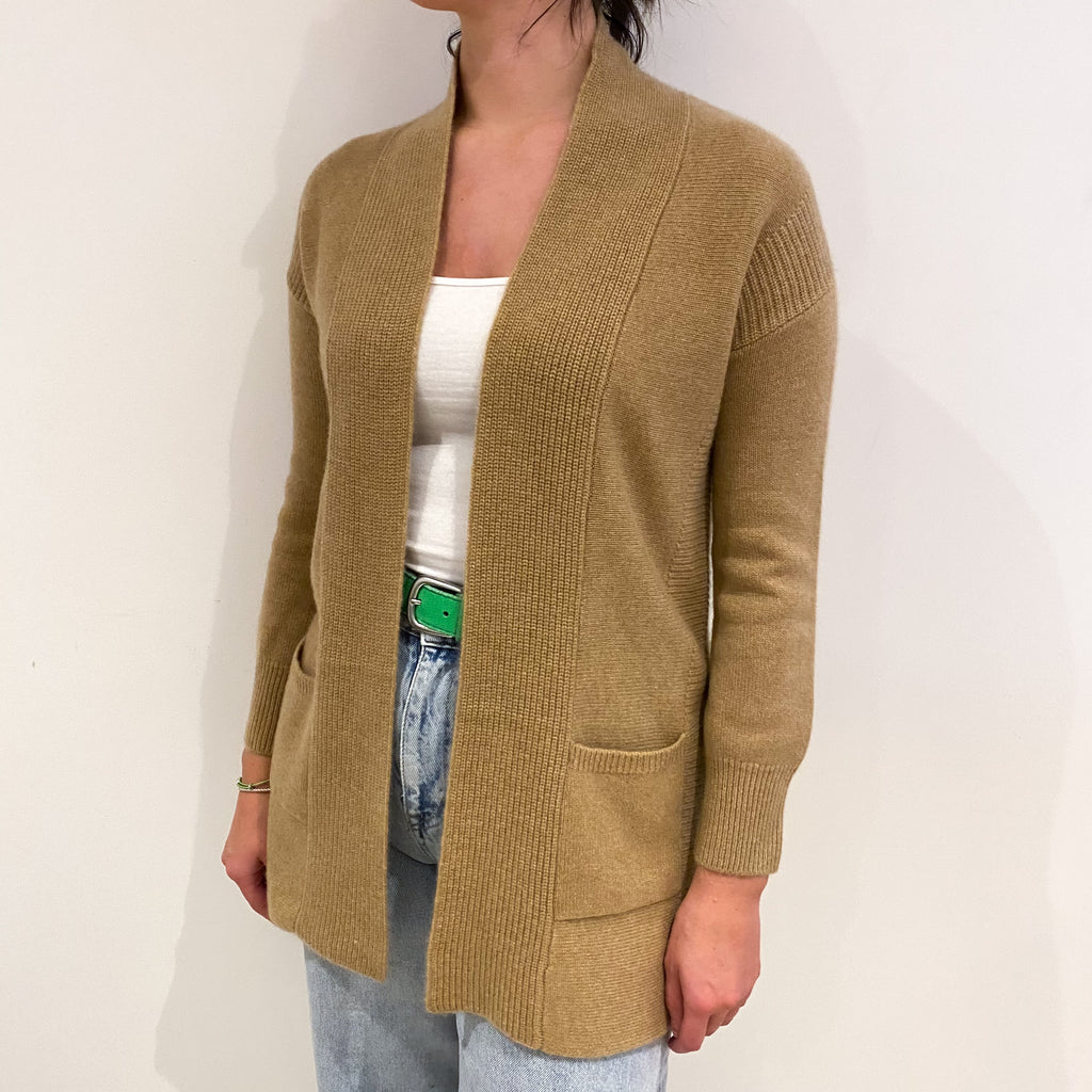 Caramel Brown Cashmere Edge To Edge Cardigan With Pockets Small